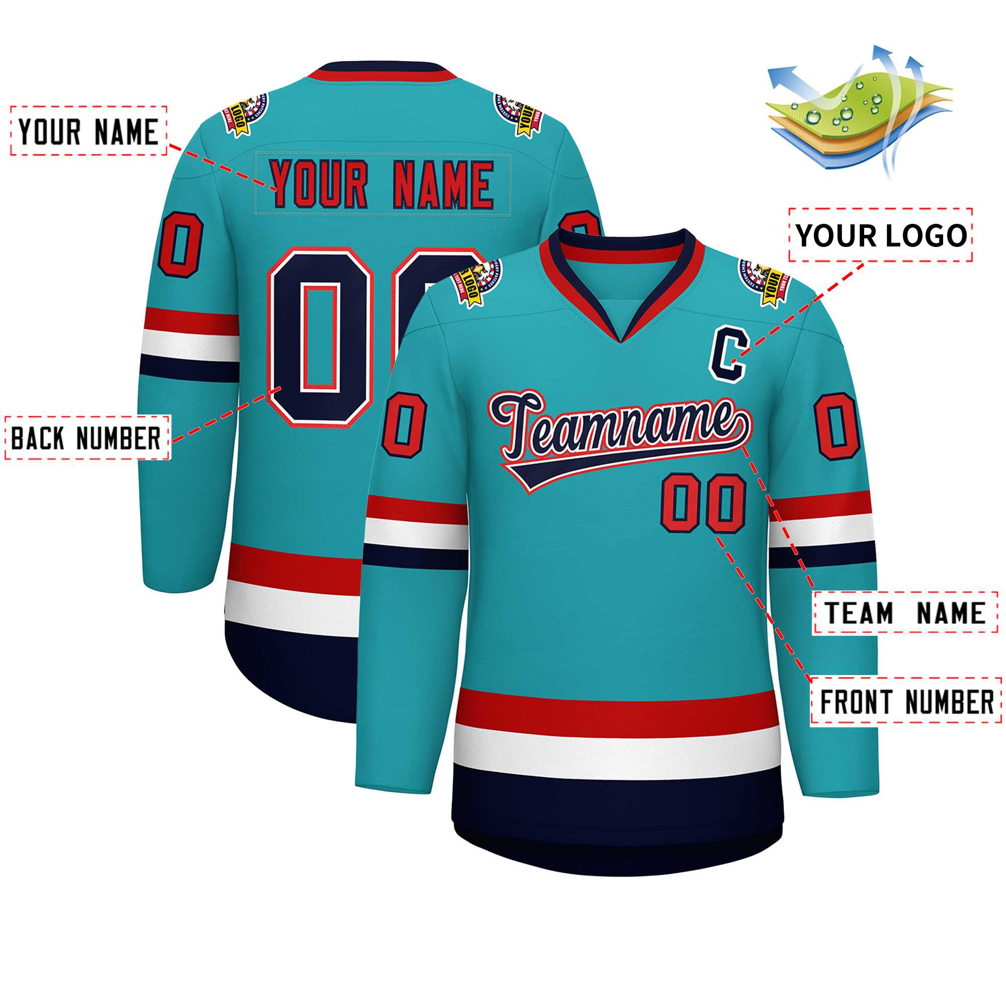 Custom Aqua Navy White-Red Classic Style Hockey Jersey | KXKSHOP