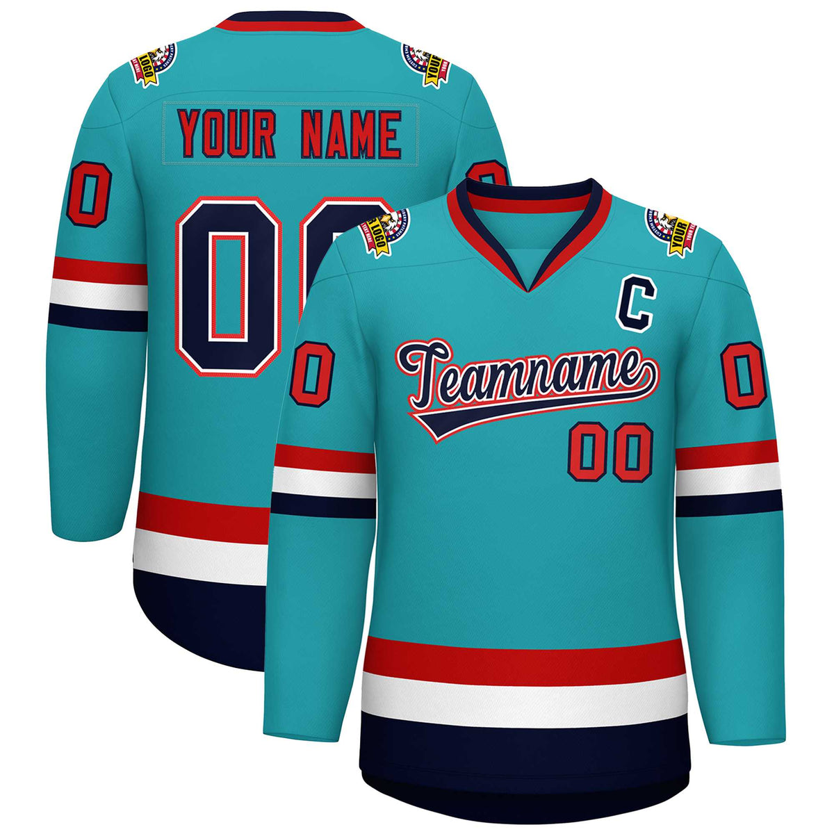 Custom Aqua Navy White-Red Classic Style Hockey Jersey | KXKSHOP