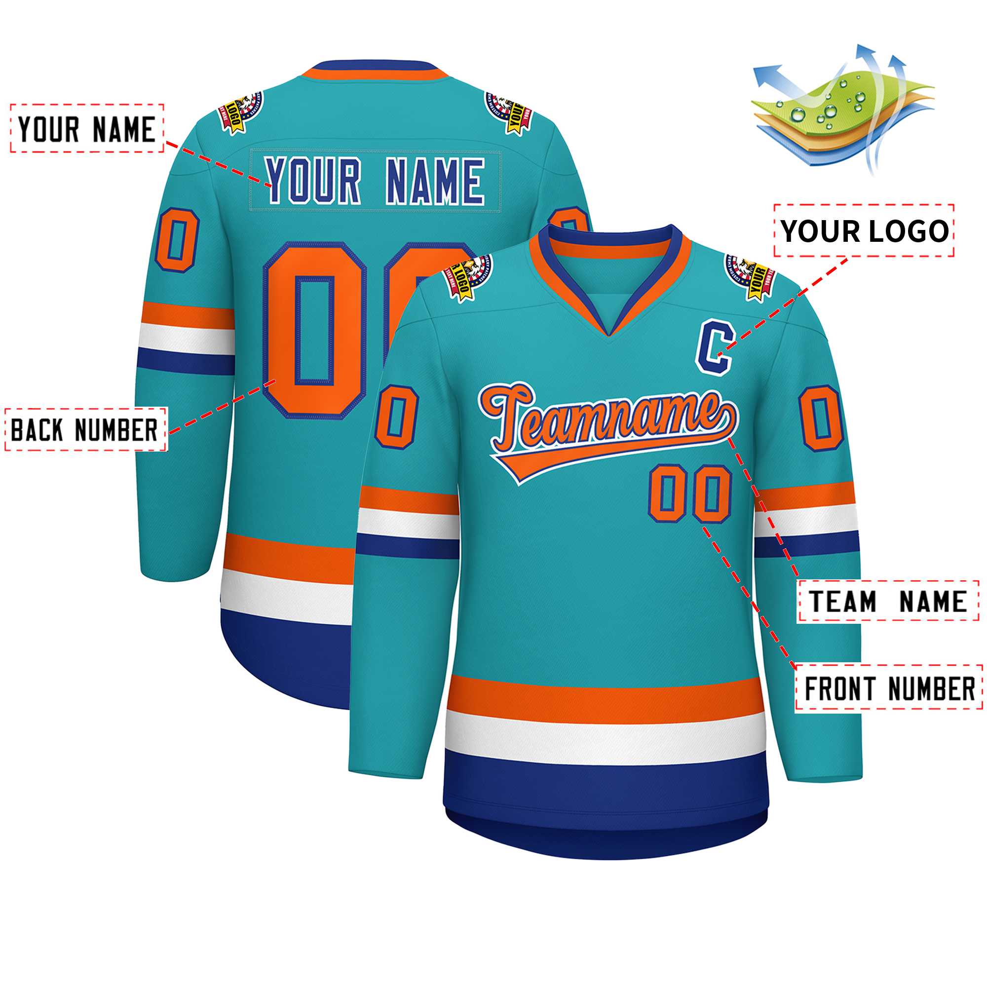Custom Aqua Orange Royal-White Classic Style Hockey Jersey | KXKSHOP