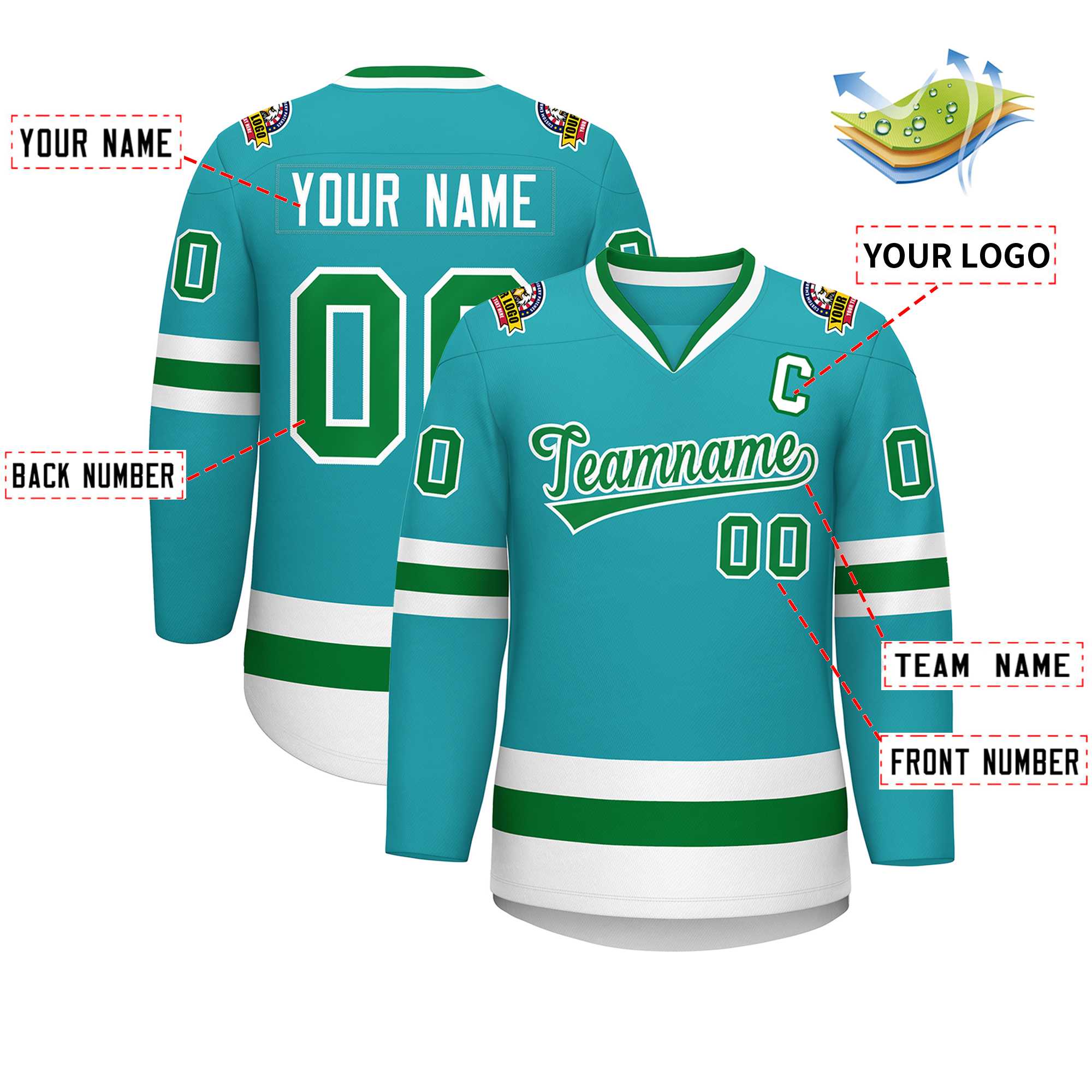 Custom Aqua Kelly Green-White Classic Style Hockey Jersey | KXKSHOP