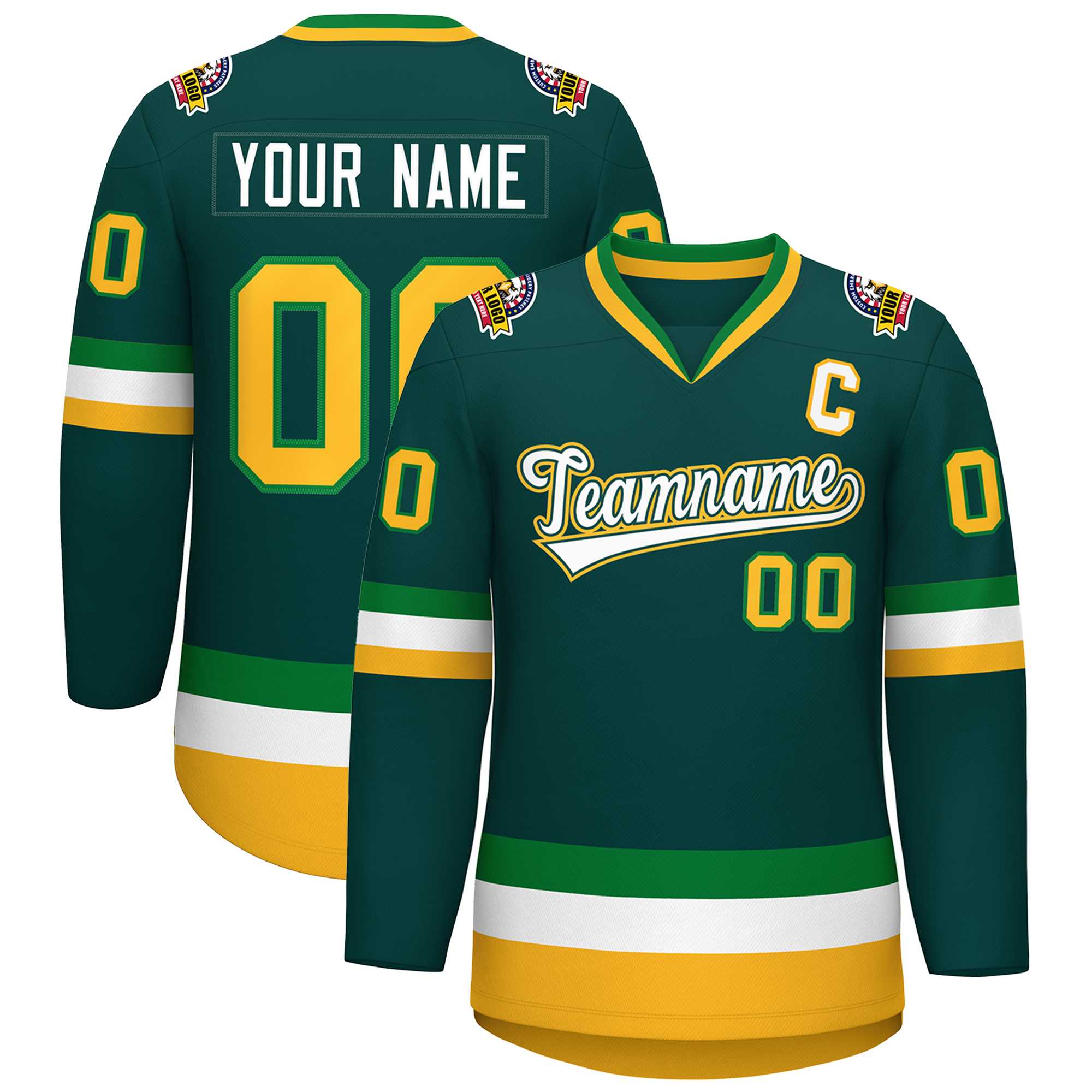 Custom Midnight Green White Kelly Green-Gold Classic Style Hockey Jersey | KXKSHOP