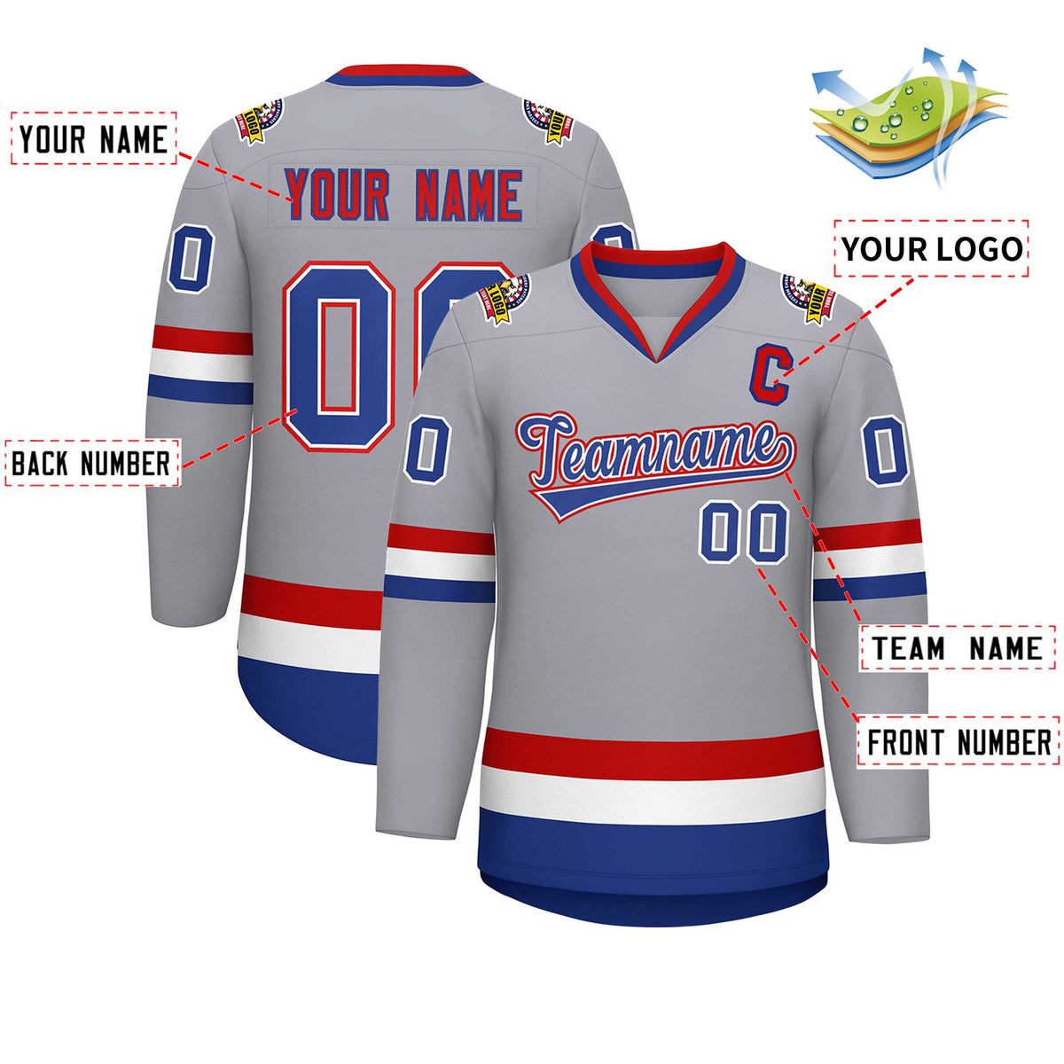 Custom Gray Royal White-Red Classic Style Hockey Jersey | KXKSHOP