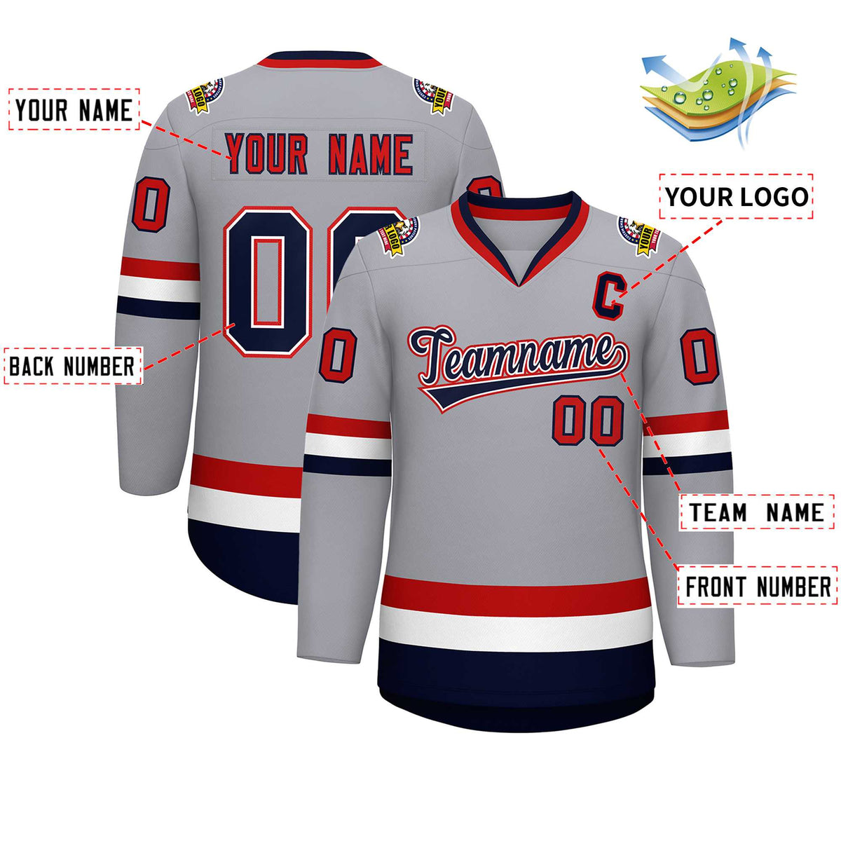 Custom Gray Navy White-Red Classic Style Hockey Jersey | KXKSHOP