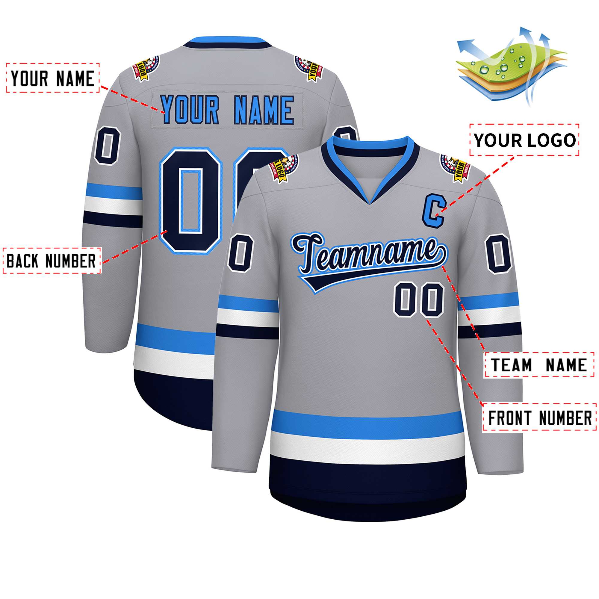 Custom Gray Navy White-Powder Blue Classic Style Hockey Jersey | KXKSHOP