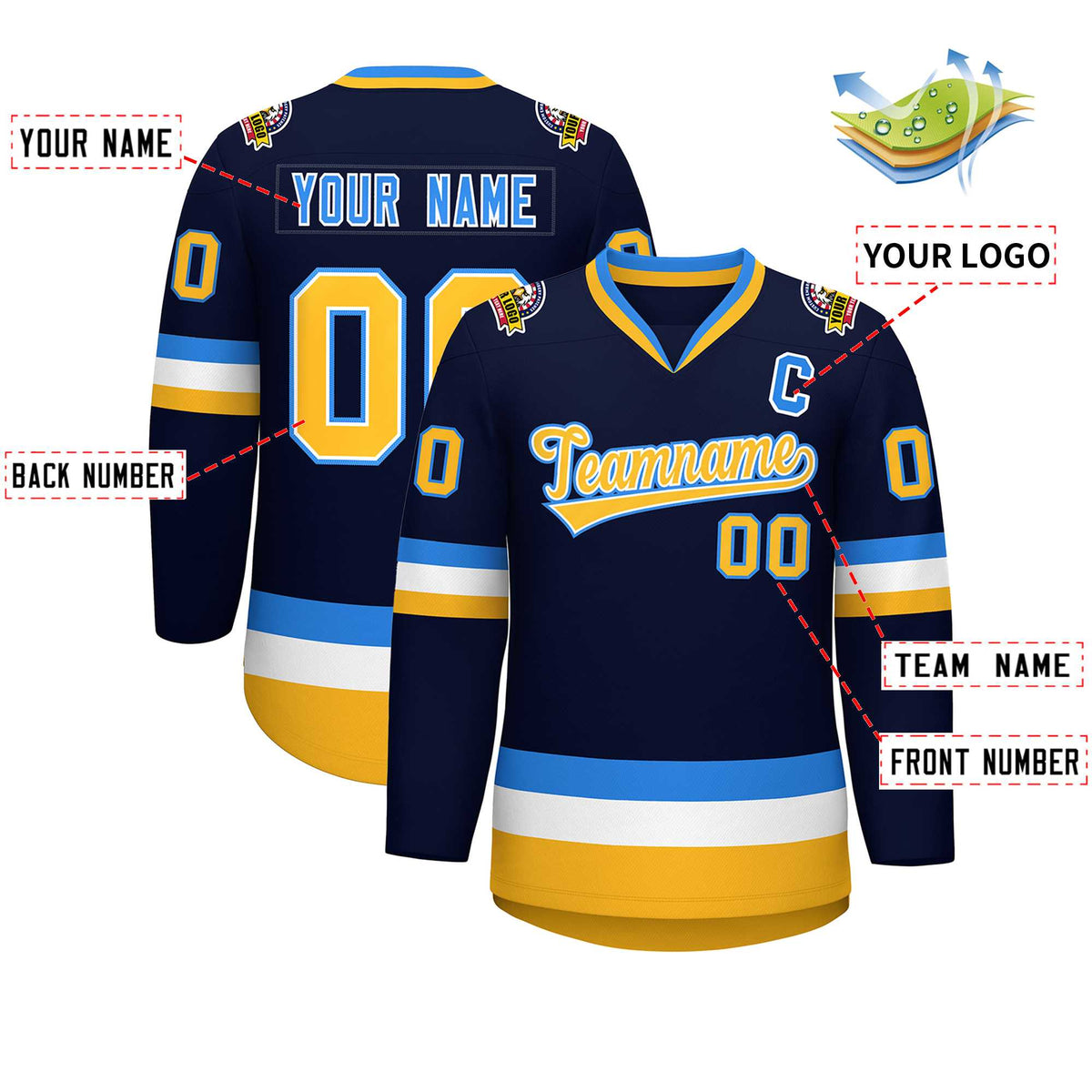 Custom Navy Gold White-Powder Blue Classic Style Hockey Jersey | KXKSHOP