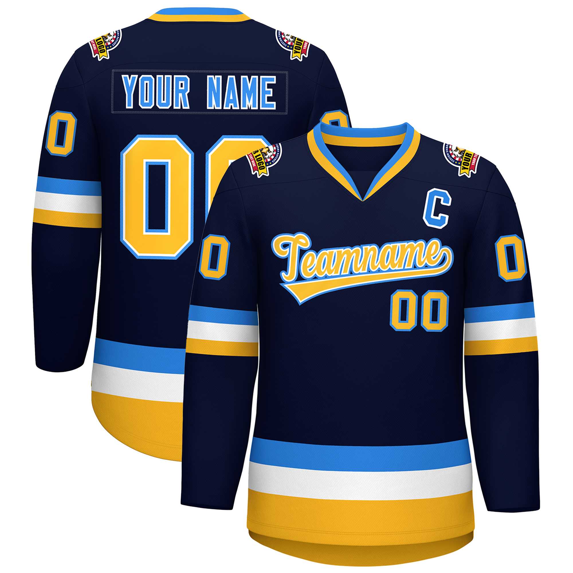 Custom Navy Gold White-Powder Blue Classic Style Hockey Jersey | KXKSHOP