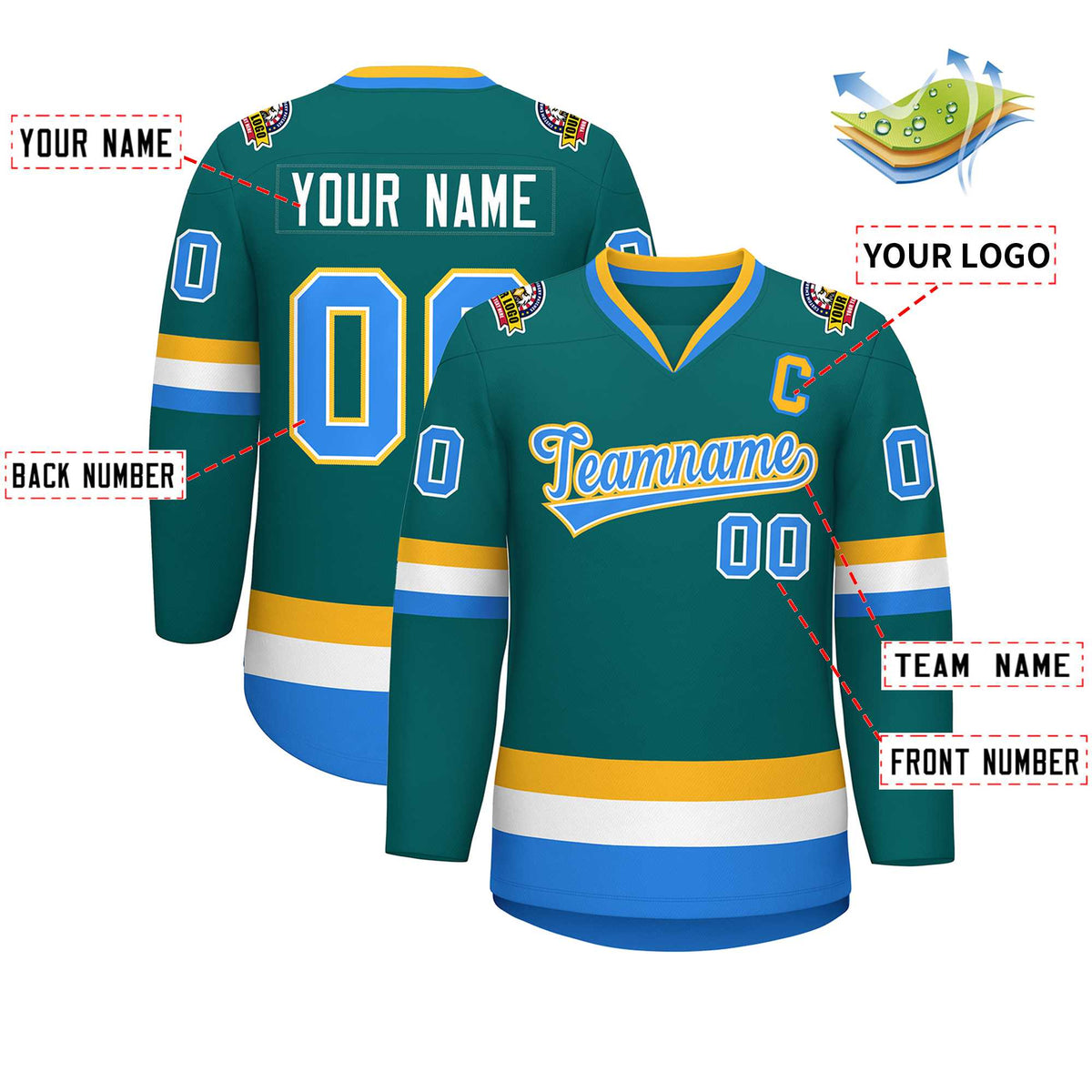 Custom Teal Powder Blue White-Gold Classic Style Hockey Jersey | KXKSHOP