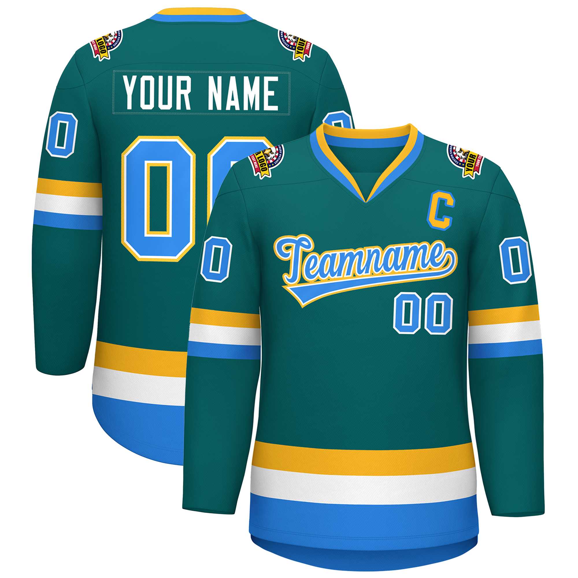 Custom Teal Powder Blue White-Gold Classic Style Hockey Jersey | KXKSHOP
