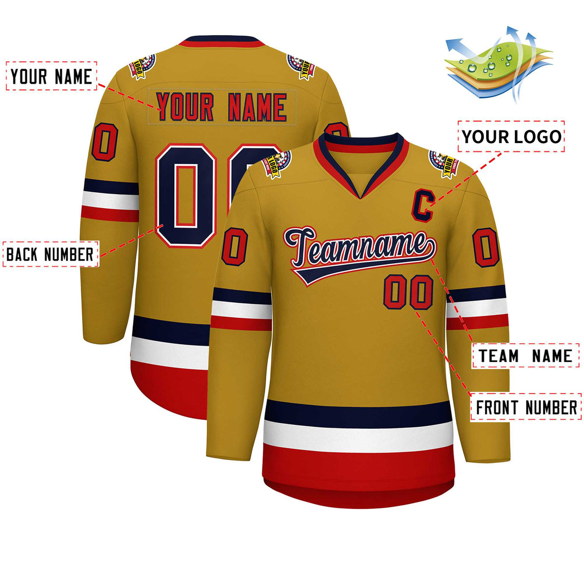 Custom Old Gold Navy White-Red Classic Style Hockey Jersey | KXKSHOP