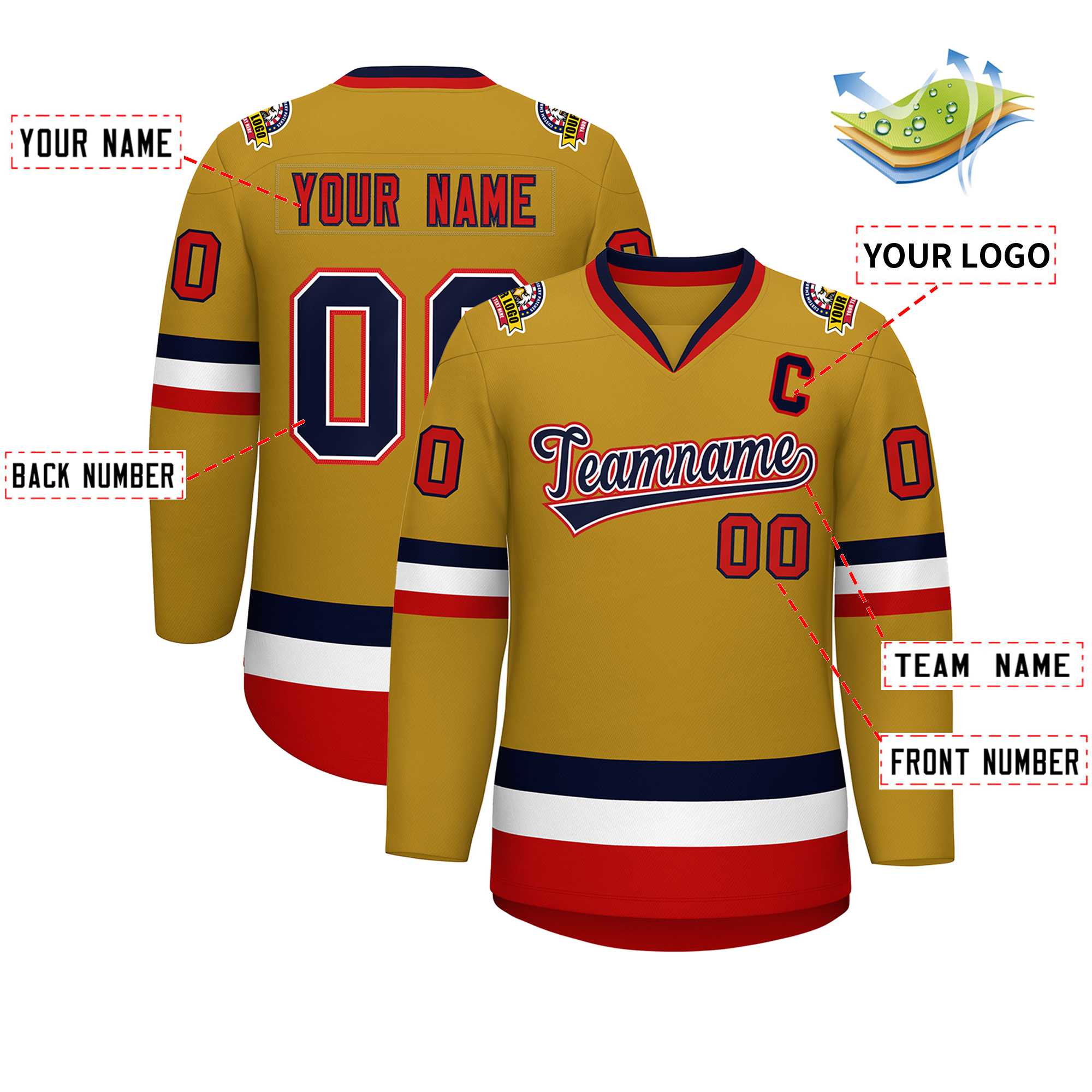 Custom Old Gold Navy White-Red Classic Style Hockey Jersey | KXKSHOP