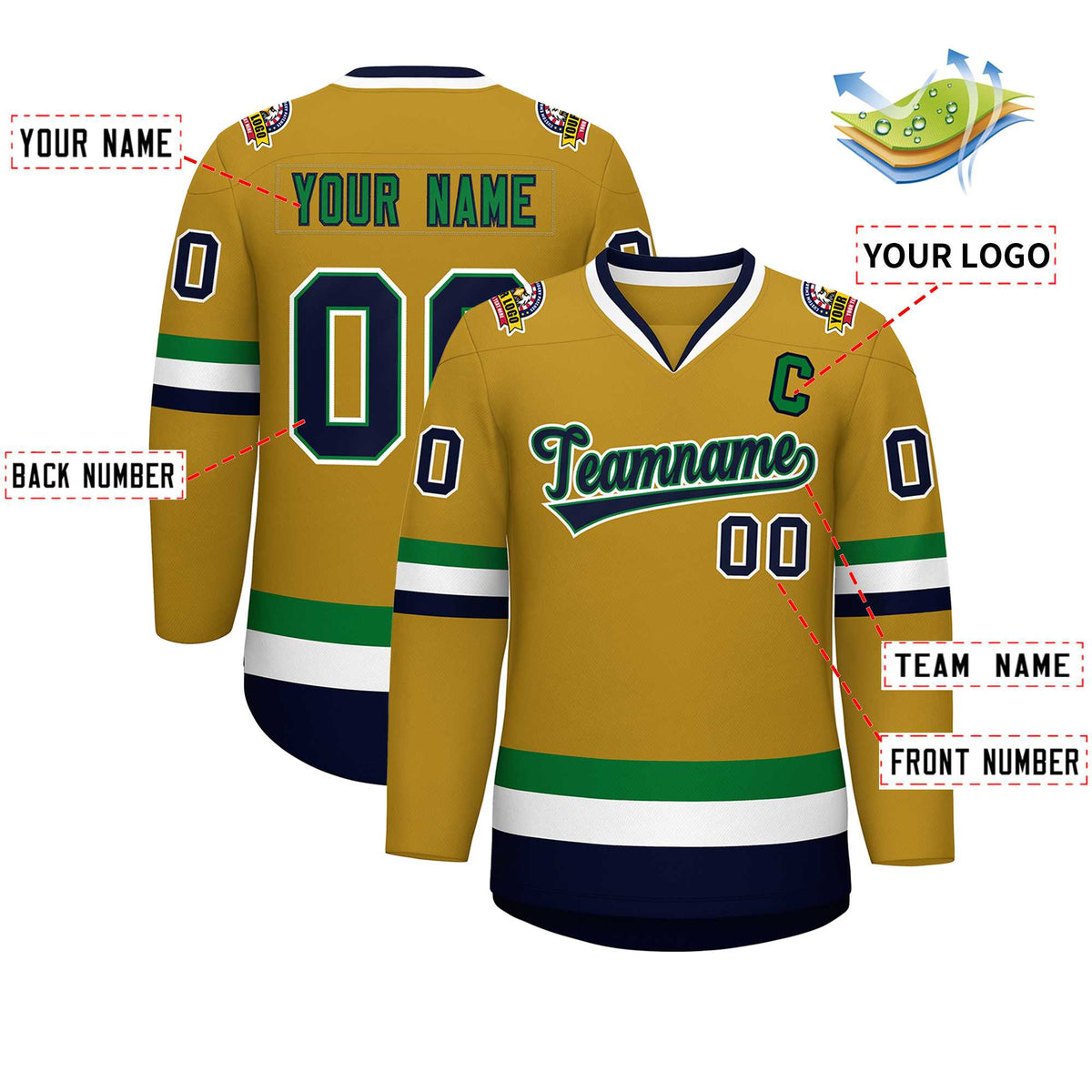 Custom Old Gold Navy Kelly Green-White Classic Style Hockey Jersey | KXKSHOP