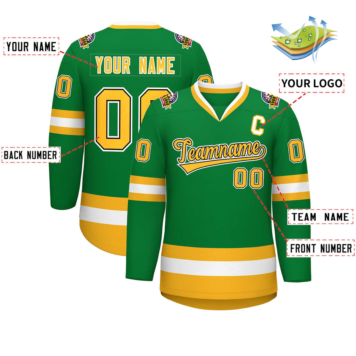 Custom Kelly Green Gold Black-White Classic Style Hockey Jersey | KXKSHOP