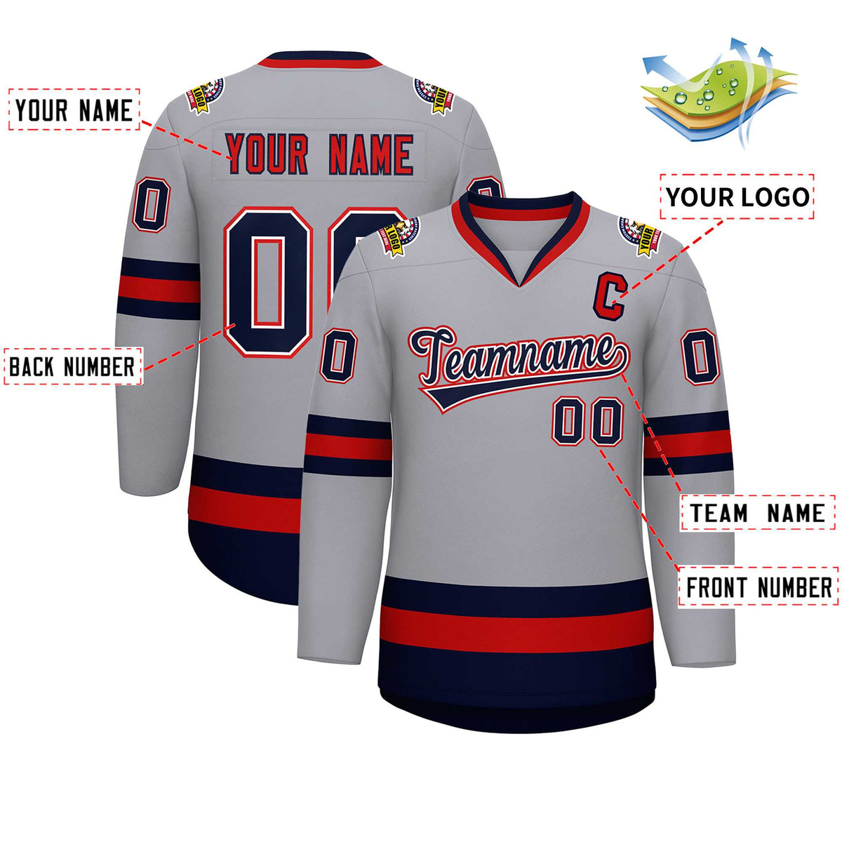 Custom Gray Navy White-Red Classic Style Hockey Jersey | KXKSHOP