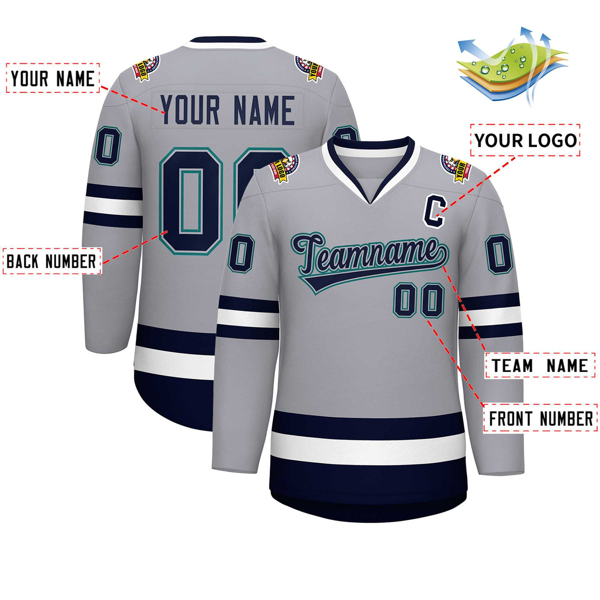 Custom Gray Navy Gray-Aqua Classic Style Hockey Jersey | KXKSHOP