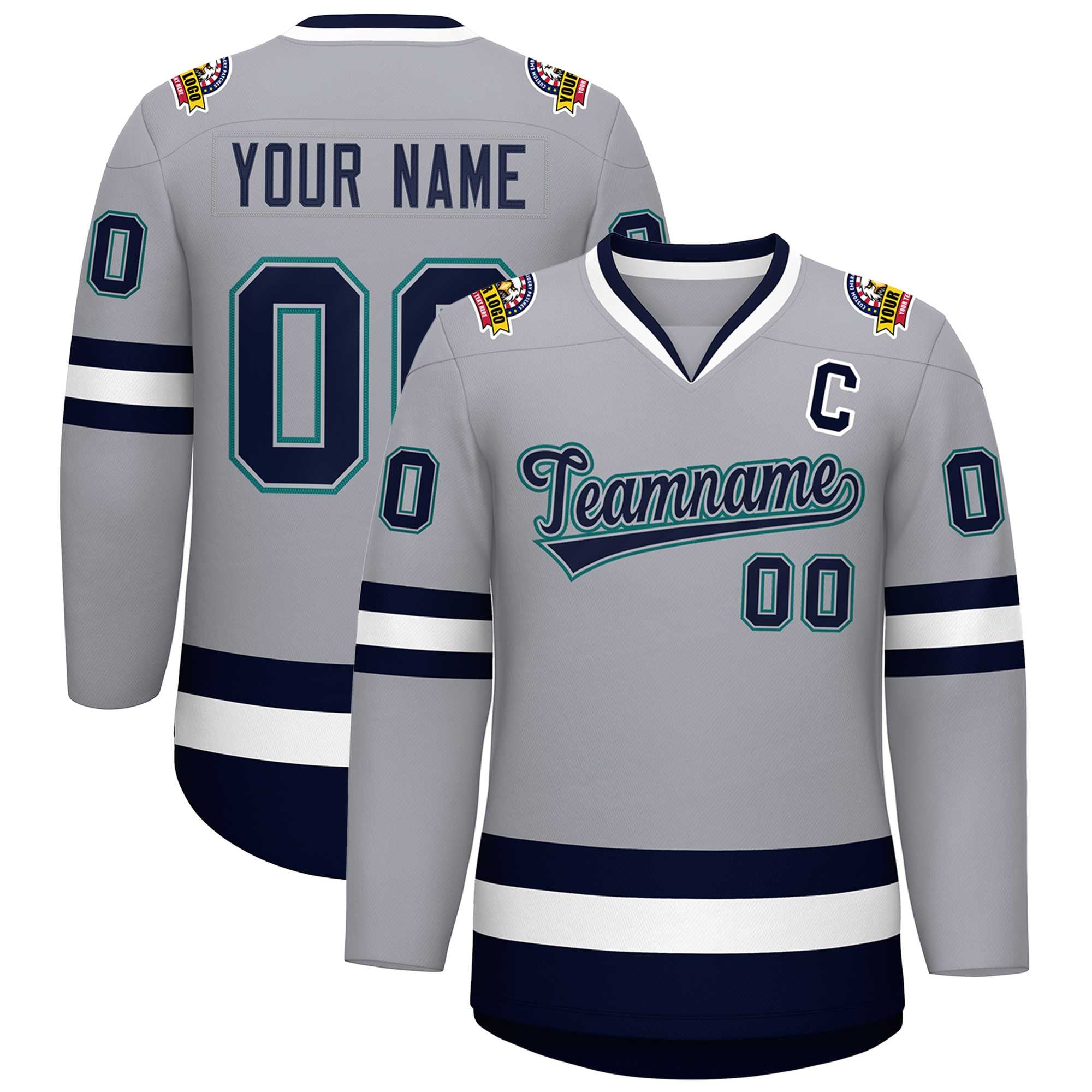 Custom Gray Navy Gray-Aqua Classic Style Hockey Jersey | KXKSHOP