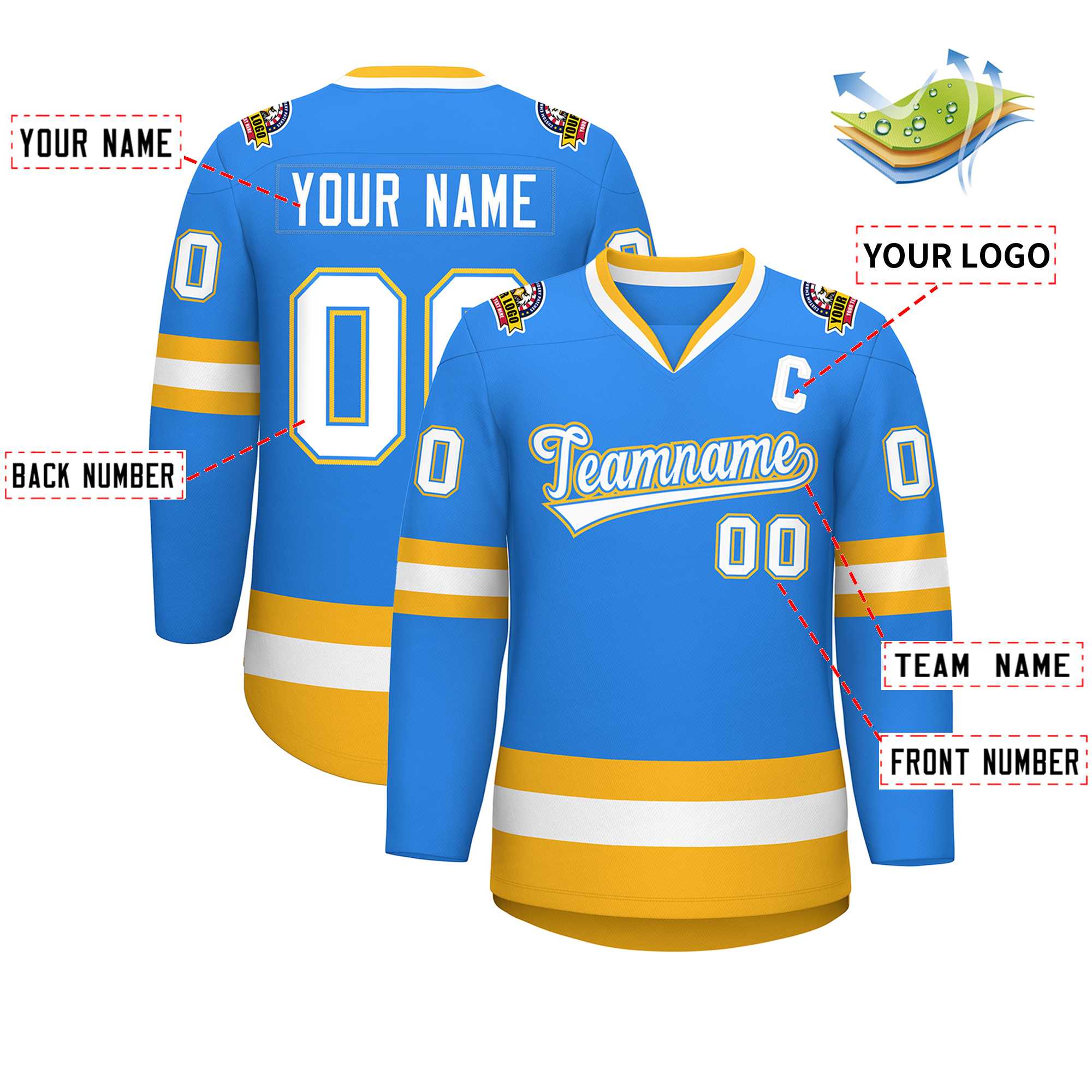 Custom Powder Blue White Powder Blue-Gold Classic Style Hockey Jersey | KXKSHOP