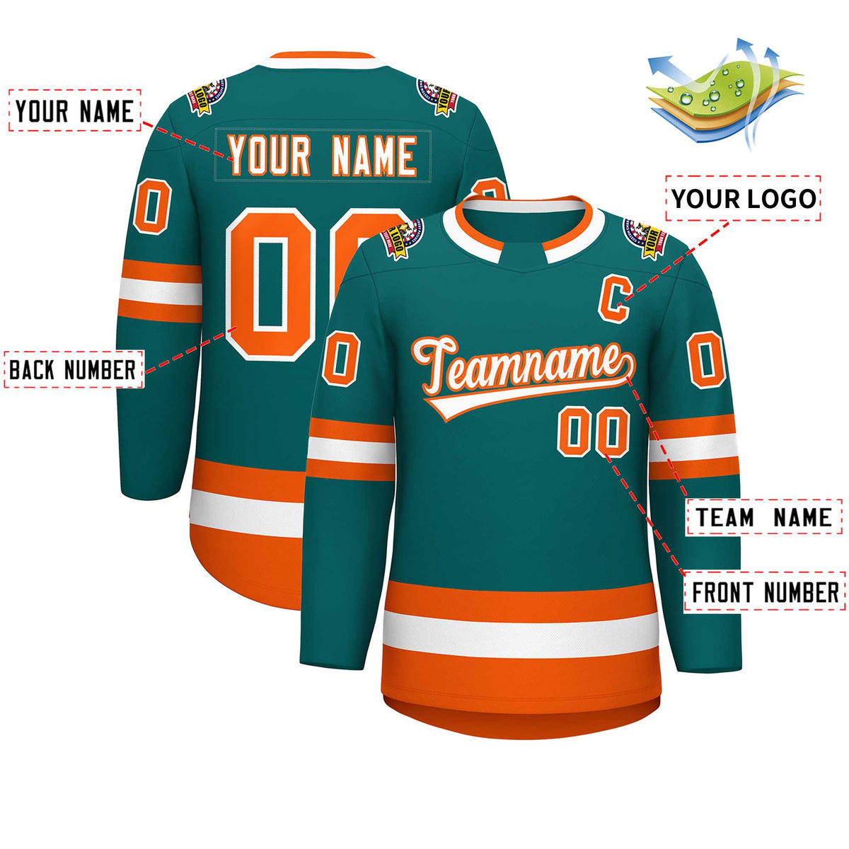 Custom Teal White-Orange Classic Style Hockey Jersey | KXKSHOP