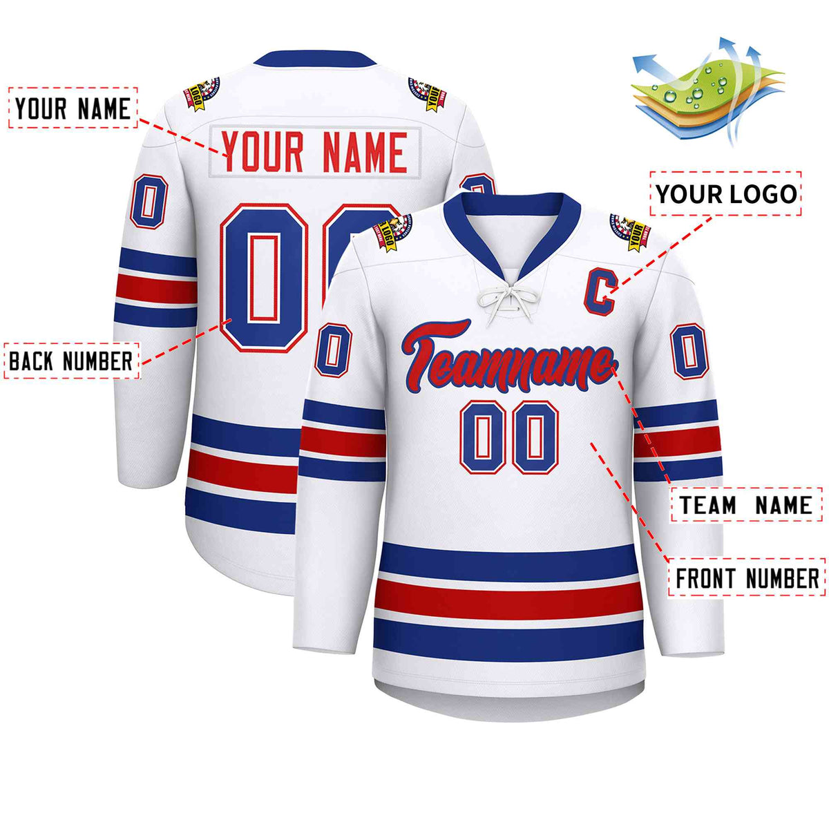 Custom White Royal-Red Lace-Up Neck Hockey Jersey | KXKSHOP