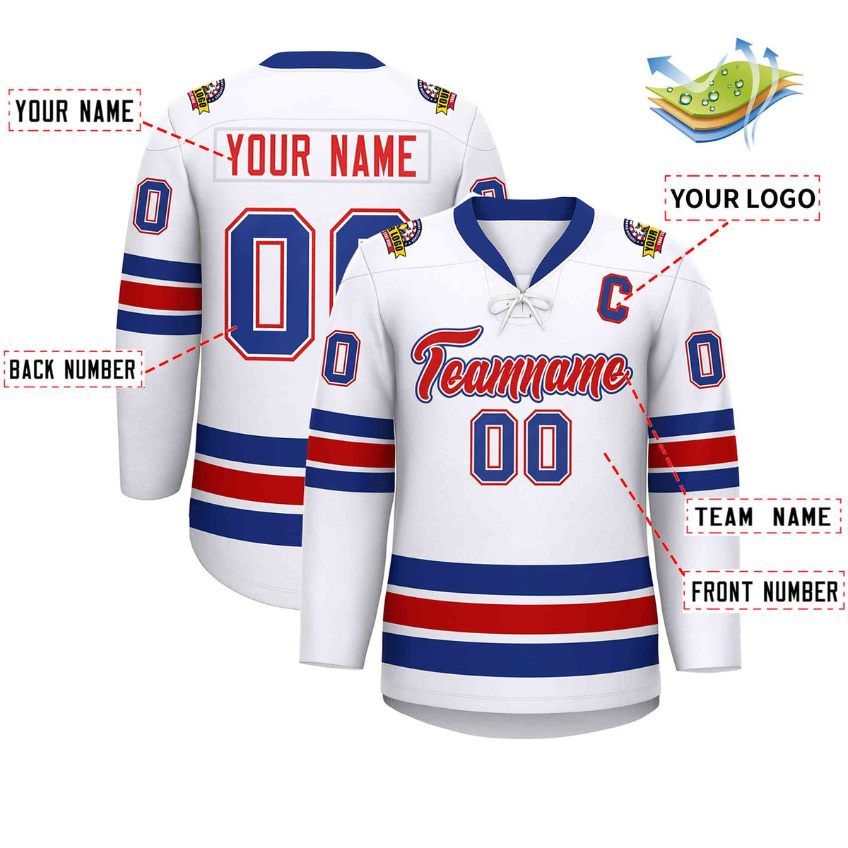 Custom White Royal-Red Lace-Up Neck Hockey Jersey | KXKSHOP