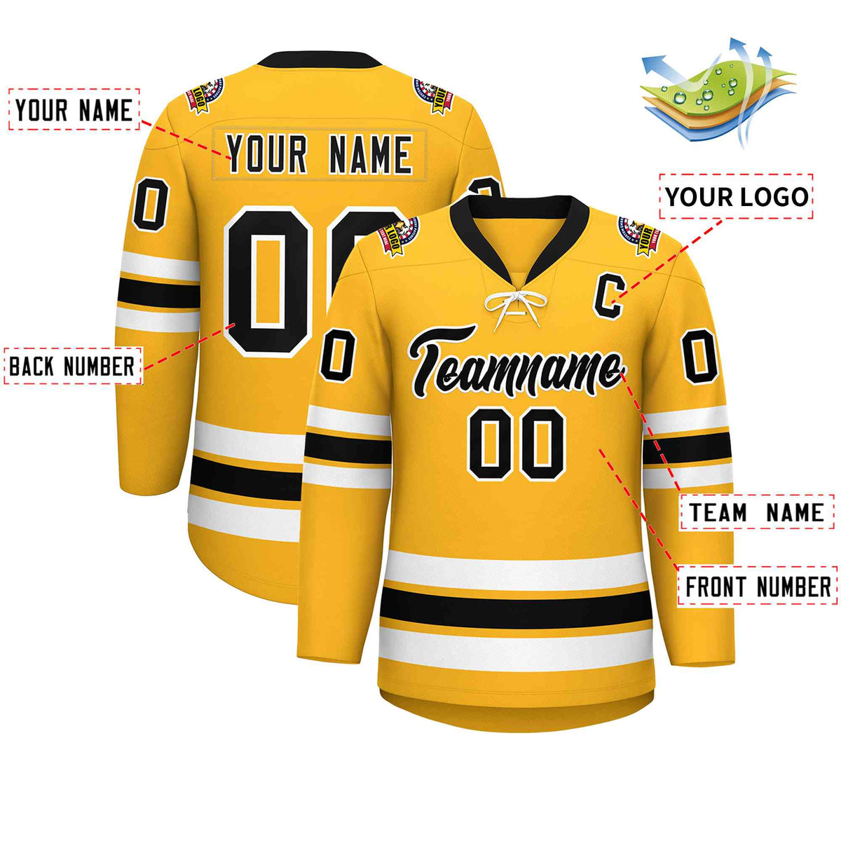 Custom Gold Black-White Lace-Up Neck Hockey Jersey | KXKSHOP