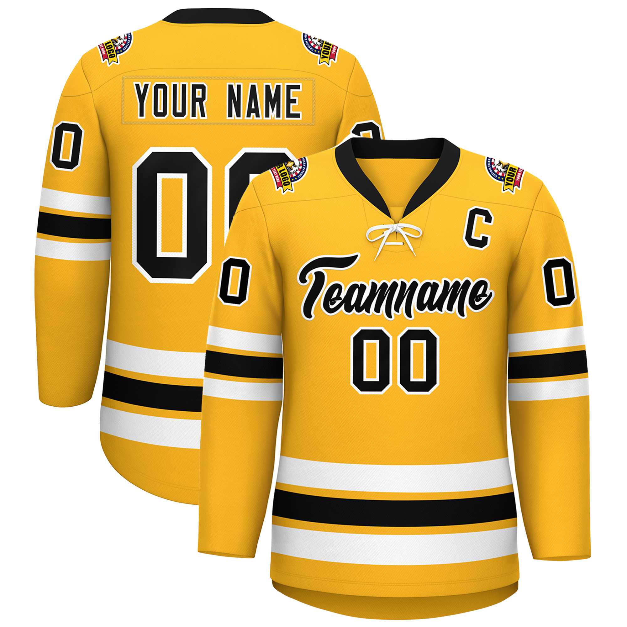 Custom Gold Black-White Lace-Up Neck Hockey Jersey | KXKSHOP