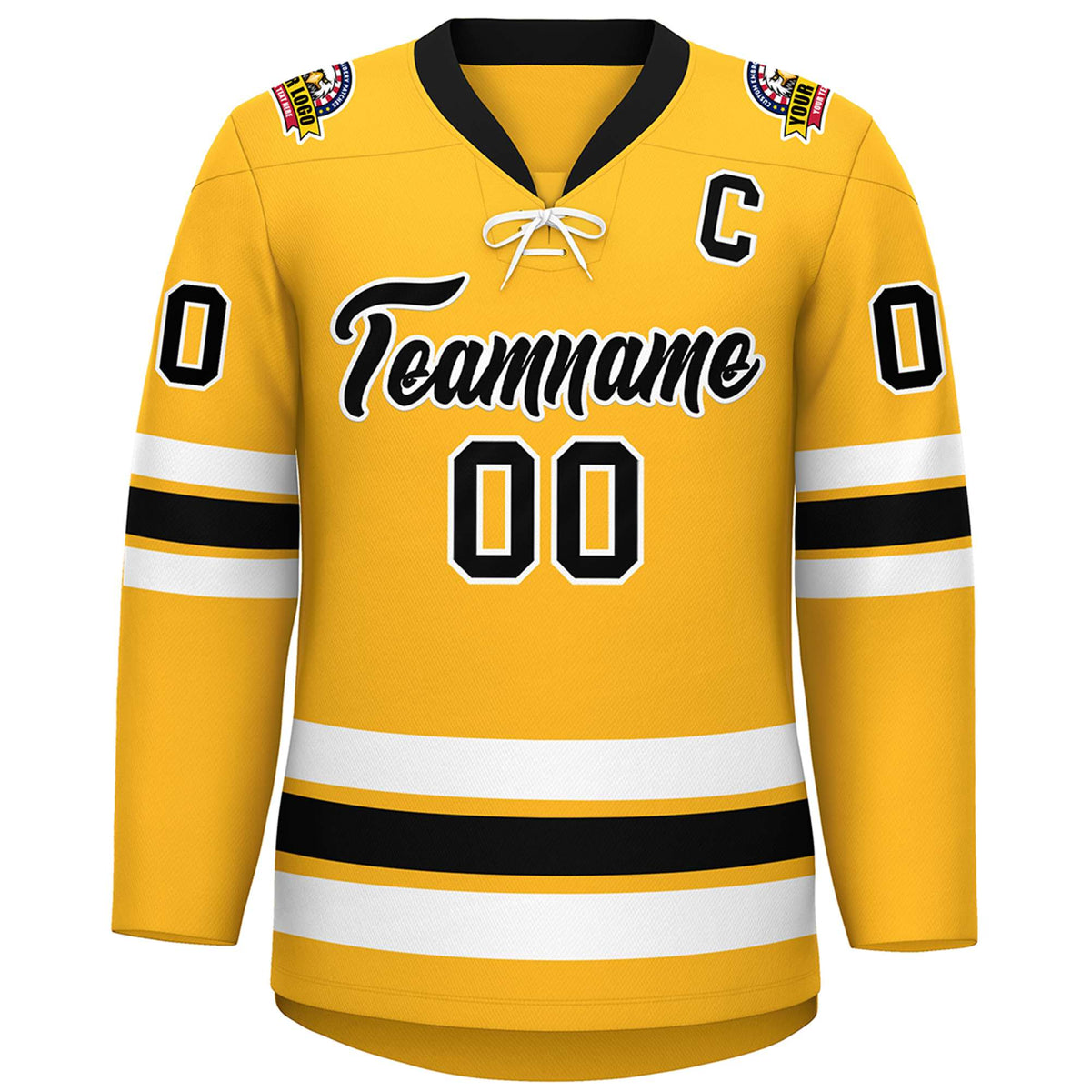 Custom Gold Black-White Lace-Up Neck Hockey Jersey | KXKSHOP