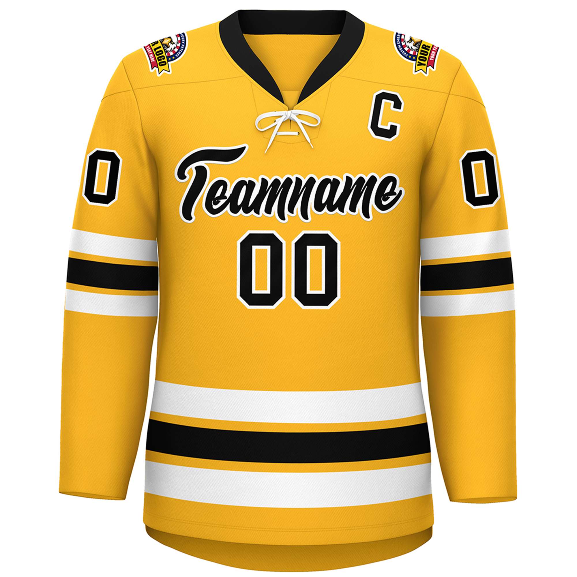Custom Gold Black-White Lace-Up Neck Hockey Jersey | KXKSHOP
