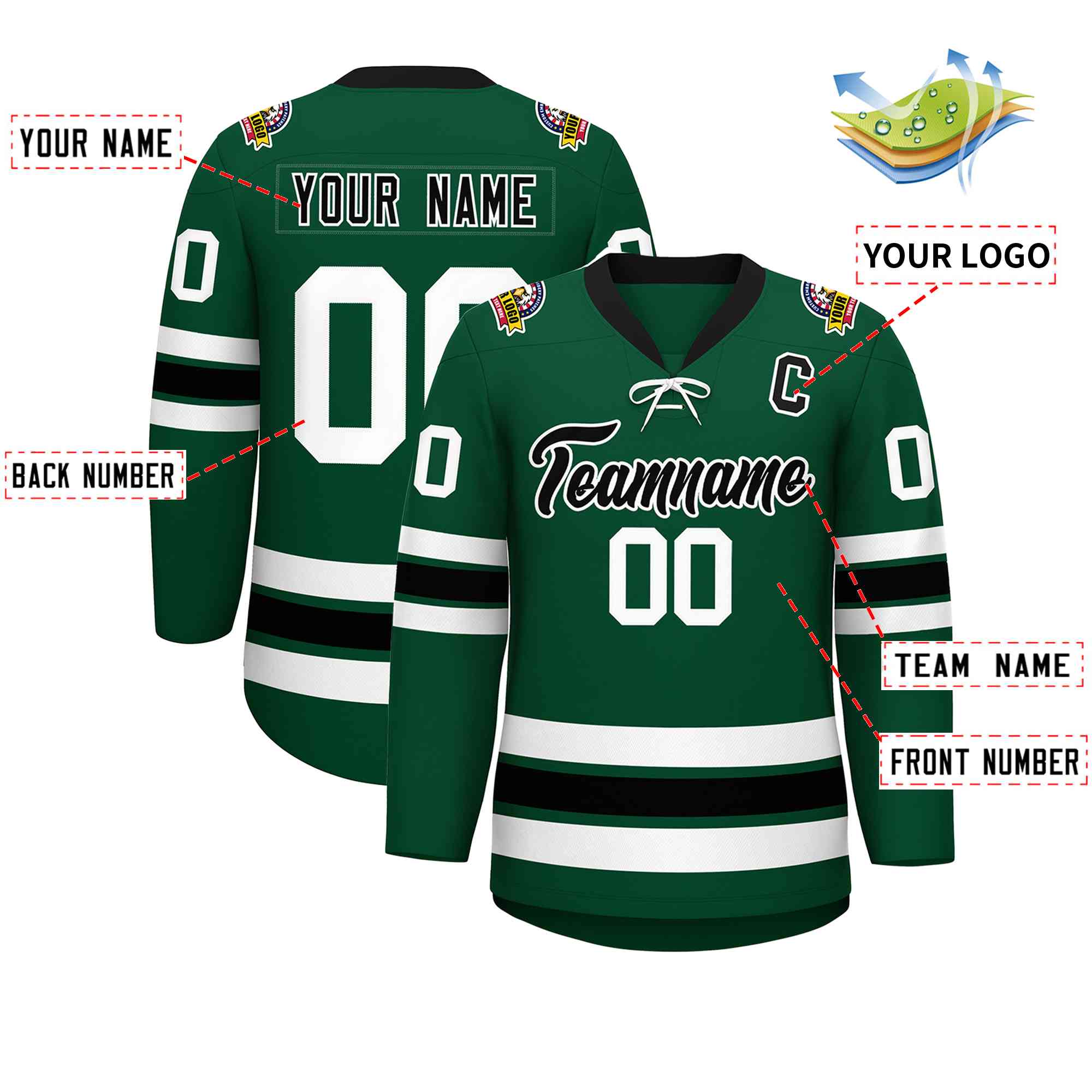 Custom Green Black-White Lace-Up Neck Hockey Jersey | KXKSHOP