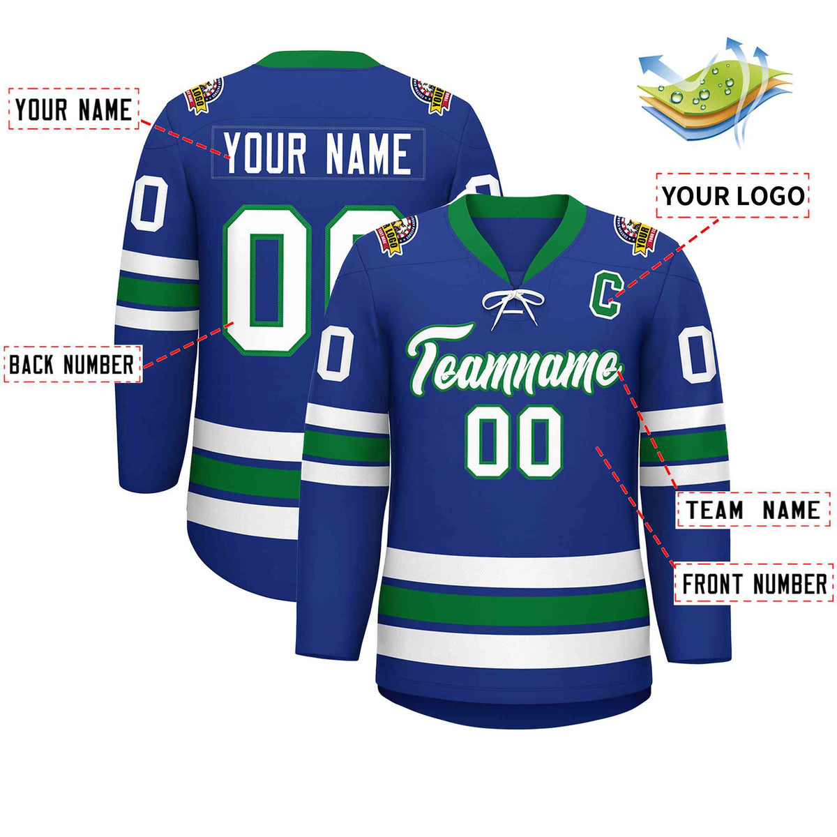 Custom Royal White-Kelly Green Lace-Up Neck Hockey Jersey | KXKSHOP