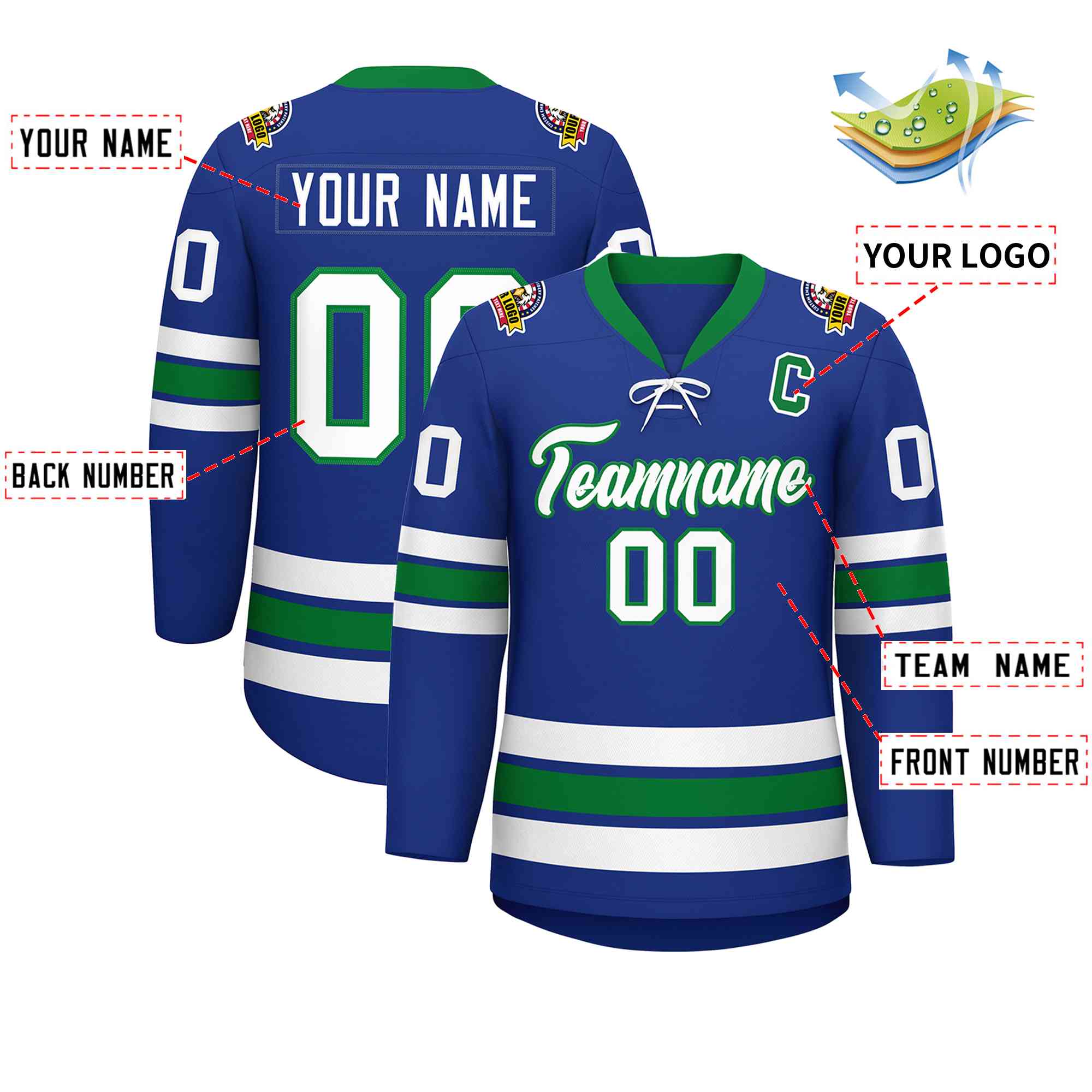 Custom Royal White-Kelly Green Lace-Up Neck Hockey Jersey | KXKSHOP
