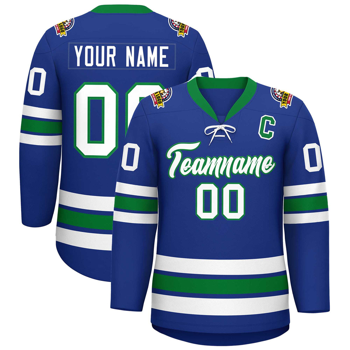 Custom Royal White-Kelly Green Lace-Up Neck Hockey Jersey | KXKSHOP