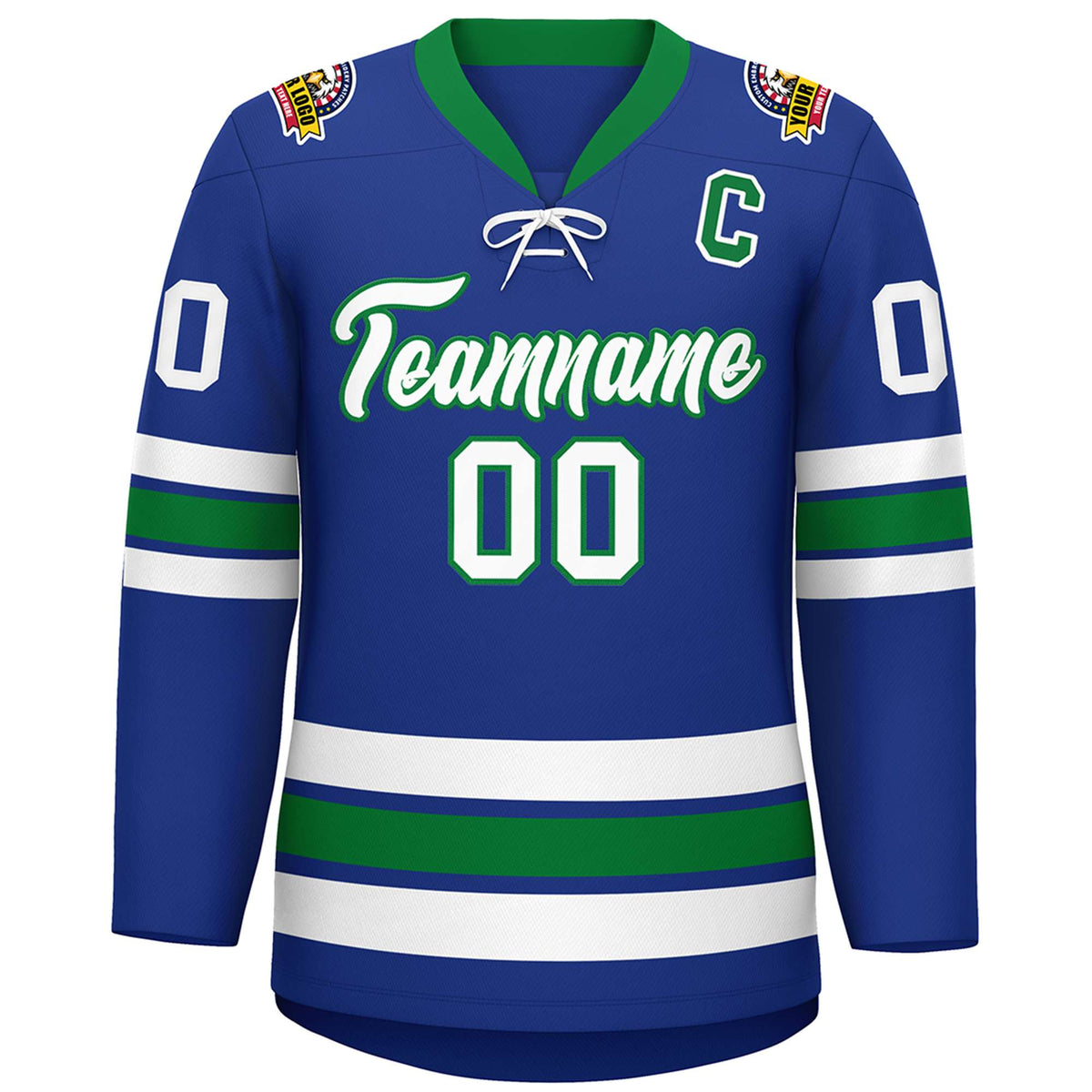 Custom Royal White-Kelly Green Lace-Up Neck Hockey Jersey | KXKSHOP