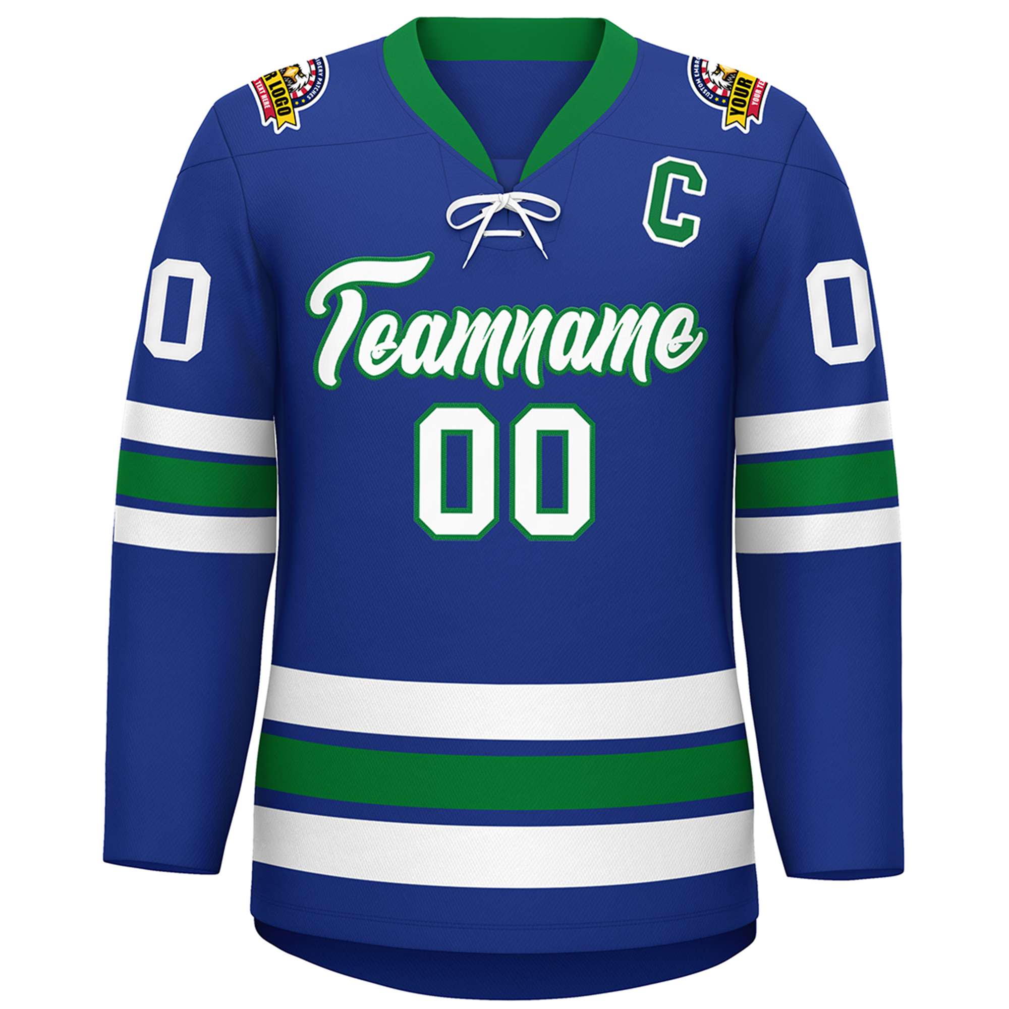 Custom Royal White-Kelly Green Lace-Up Neck Hockey Jersey | KXKSHOP
