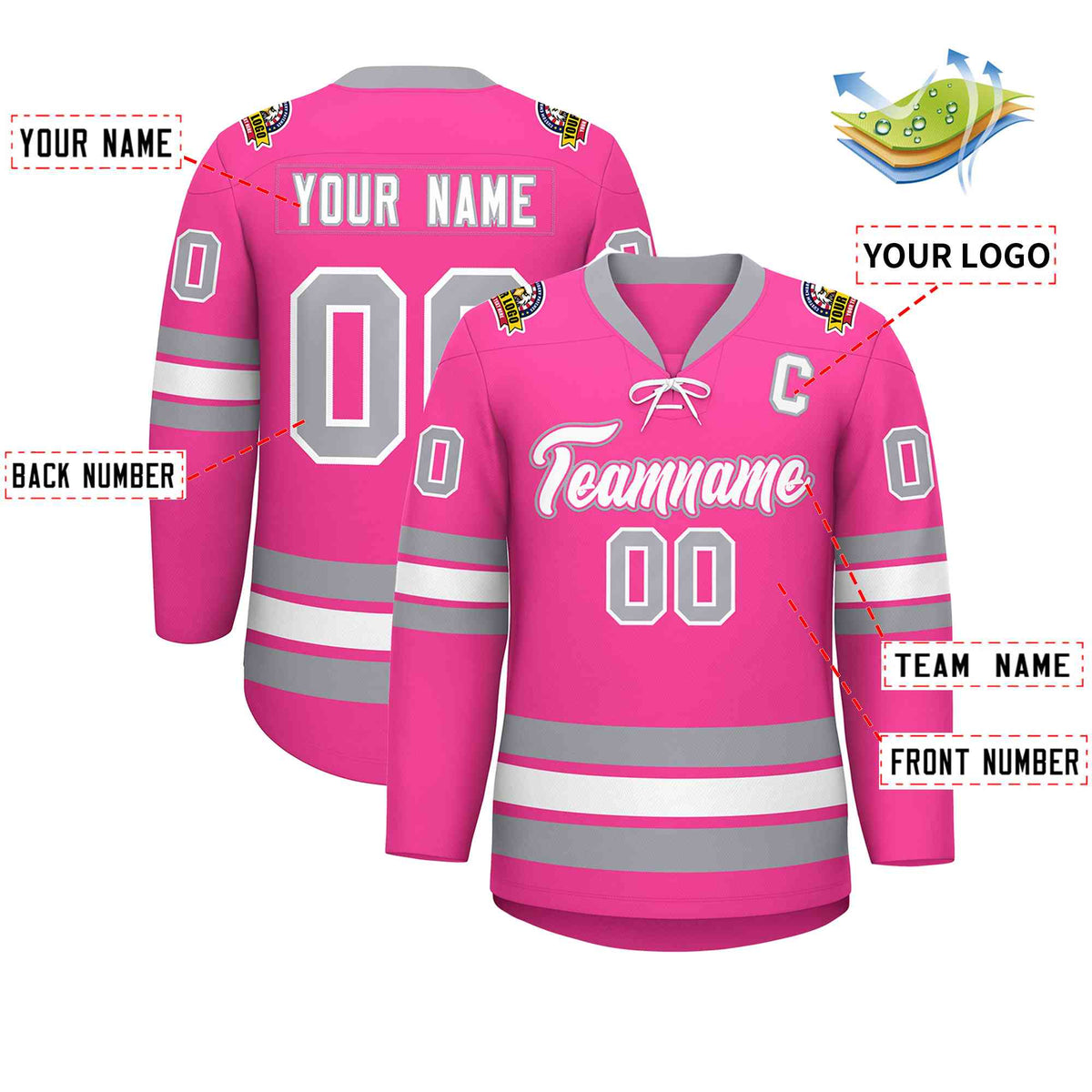 Custom Pink White-Gray Lace-Up Neck Hockey Jersey | KXKSHOP