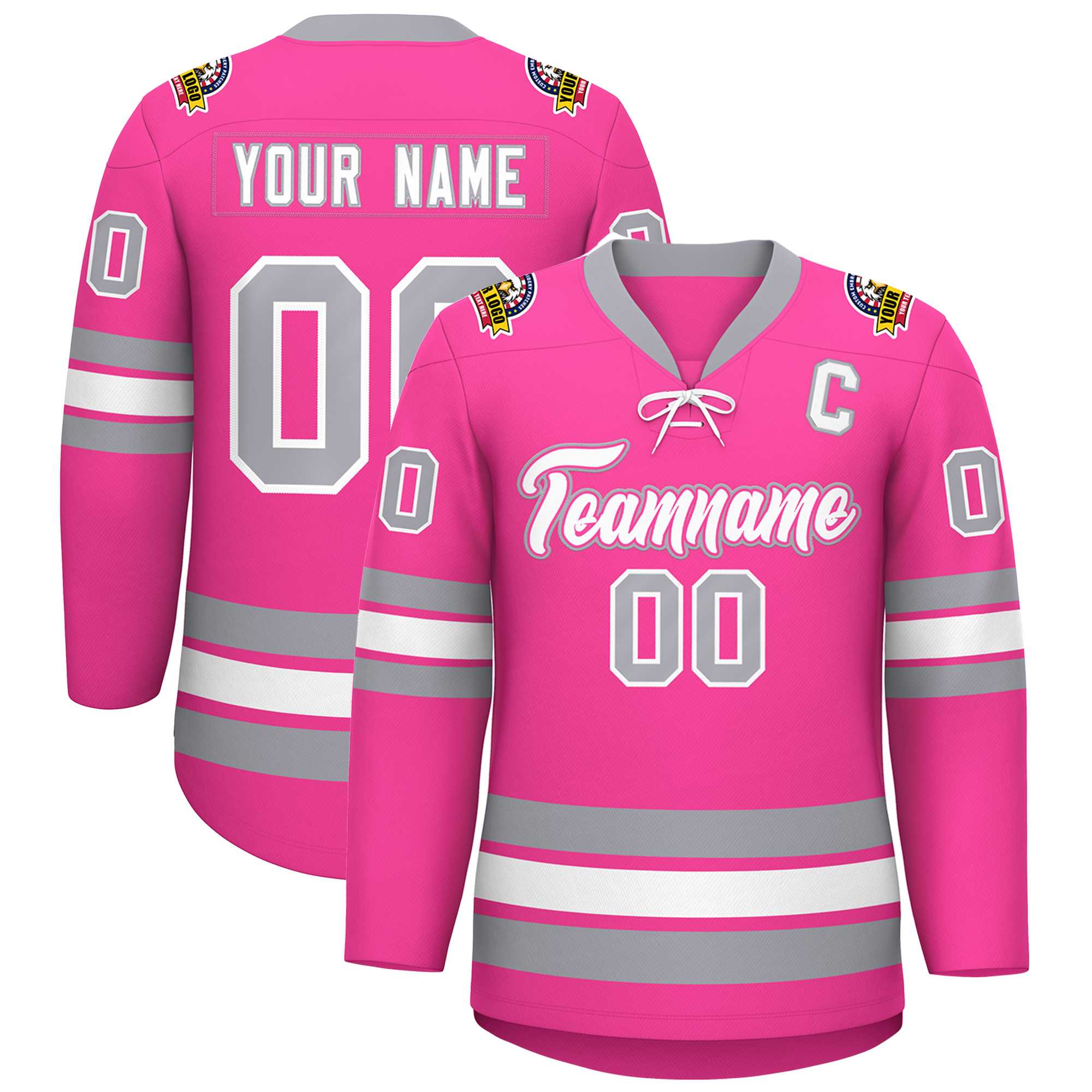 Custom Pink White-Gray Lace-Up Neck Hockey Jersey | KXKSHOP