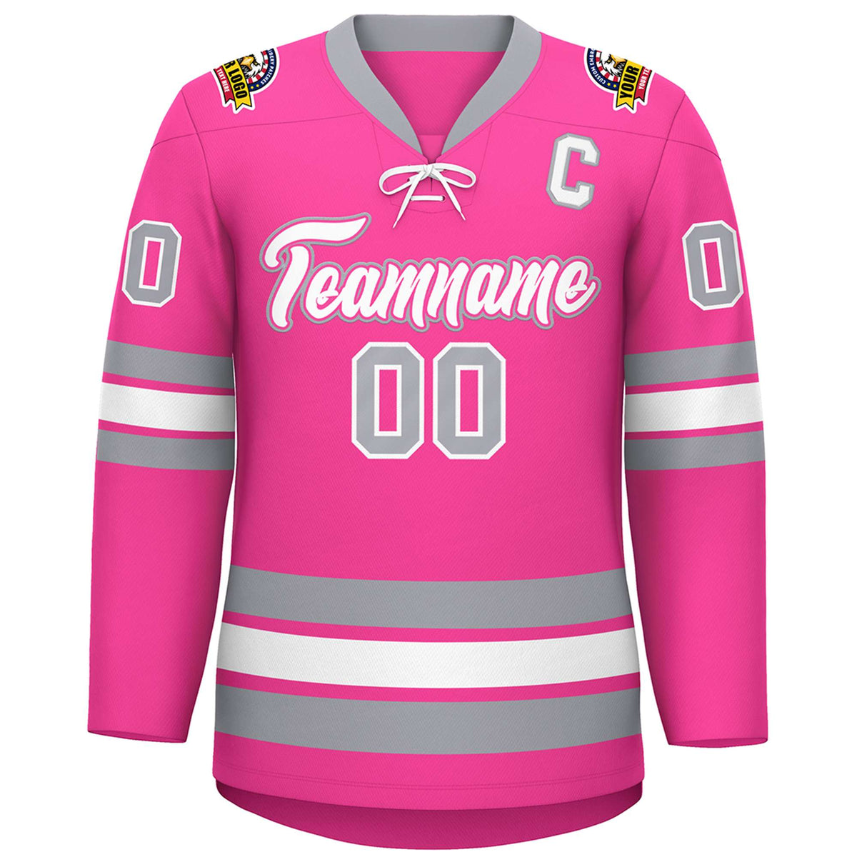 Custom Pink White-Gray Lace-Up Neck Hockey Jersey | KXKSHOP