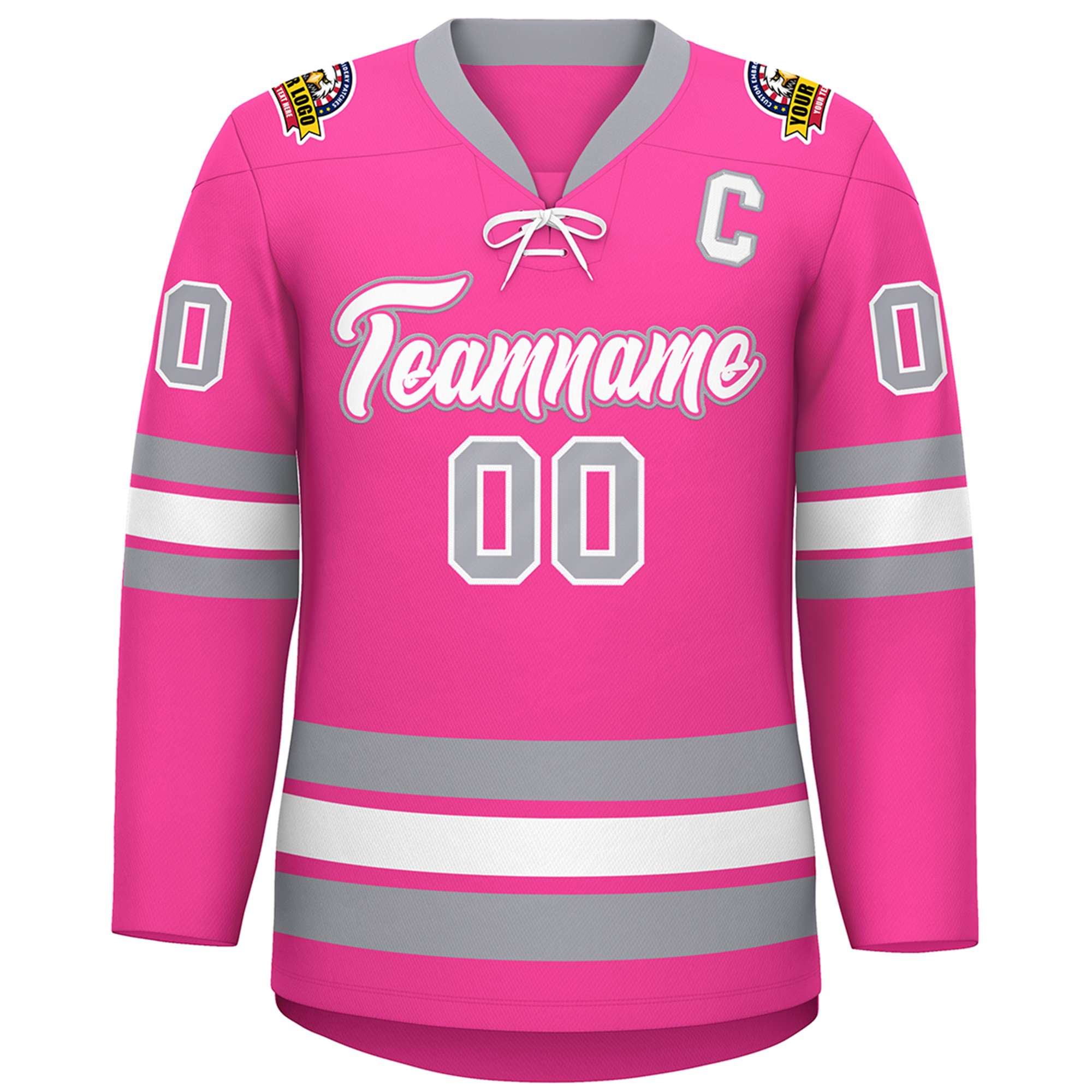 Custom Pink White-Gray Lace-Up Neck Hockey Jersey | KXKSHOP
