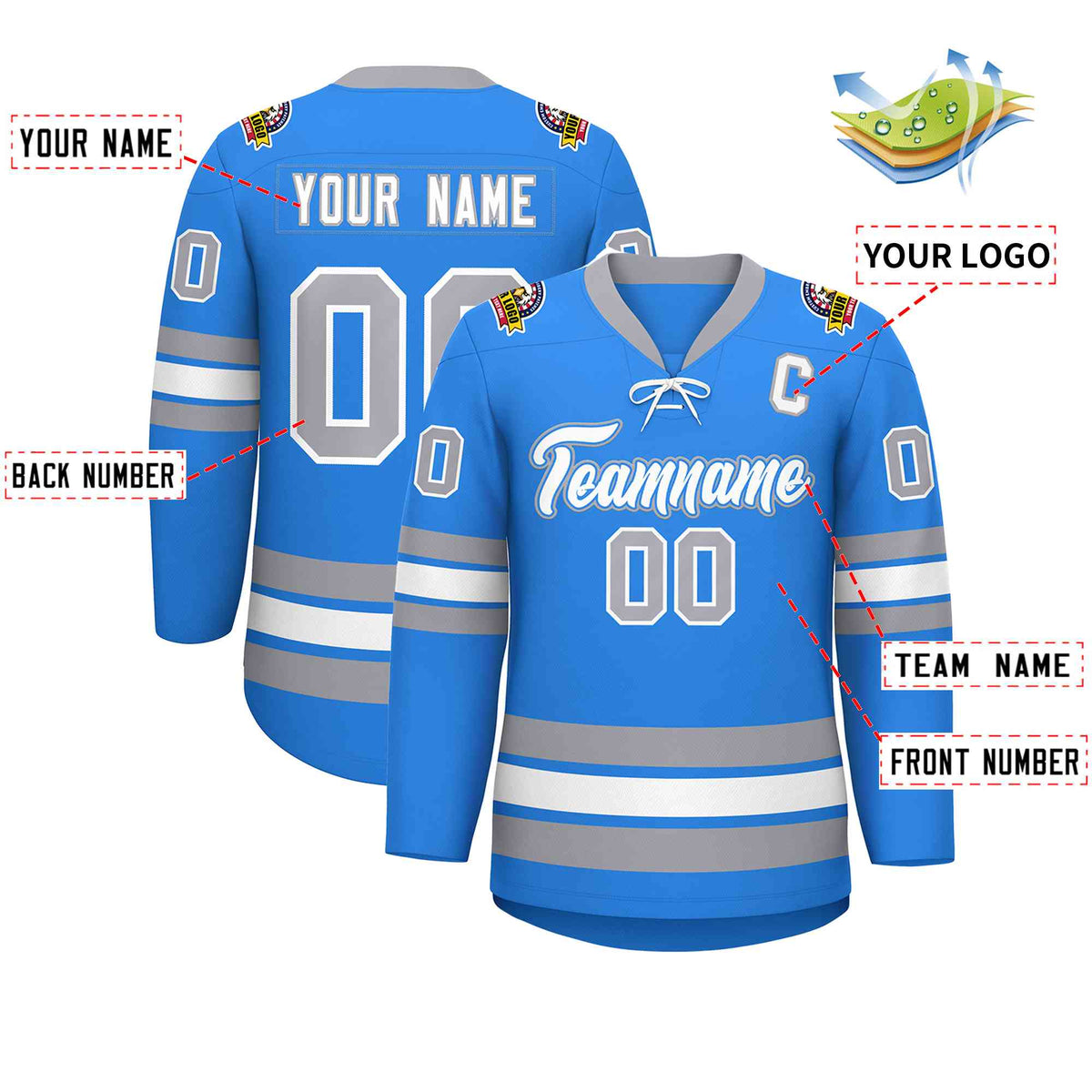 Custom Powder Blue White-Gray Lace-Up Neck Hockey Jersey | KXKSHOP