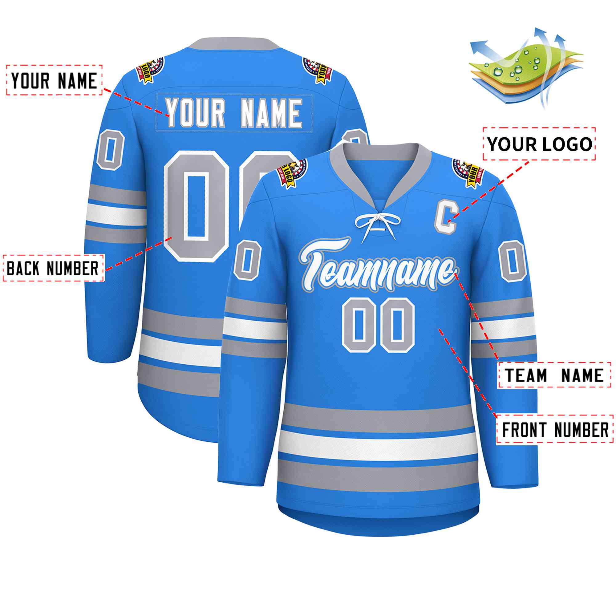 Custom Powder Blue White-Gray Lace-Up Neck Hockey Jersey | KXKSHOP
