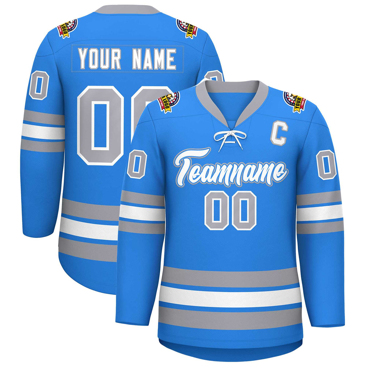 Custom Powder Blue White-Gray Lace-Up Neck Hockey Jersey | KXKSHOP
