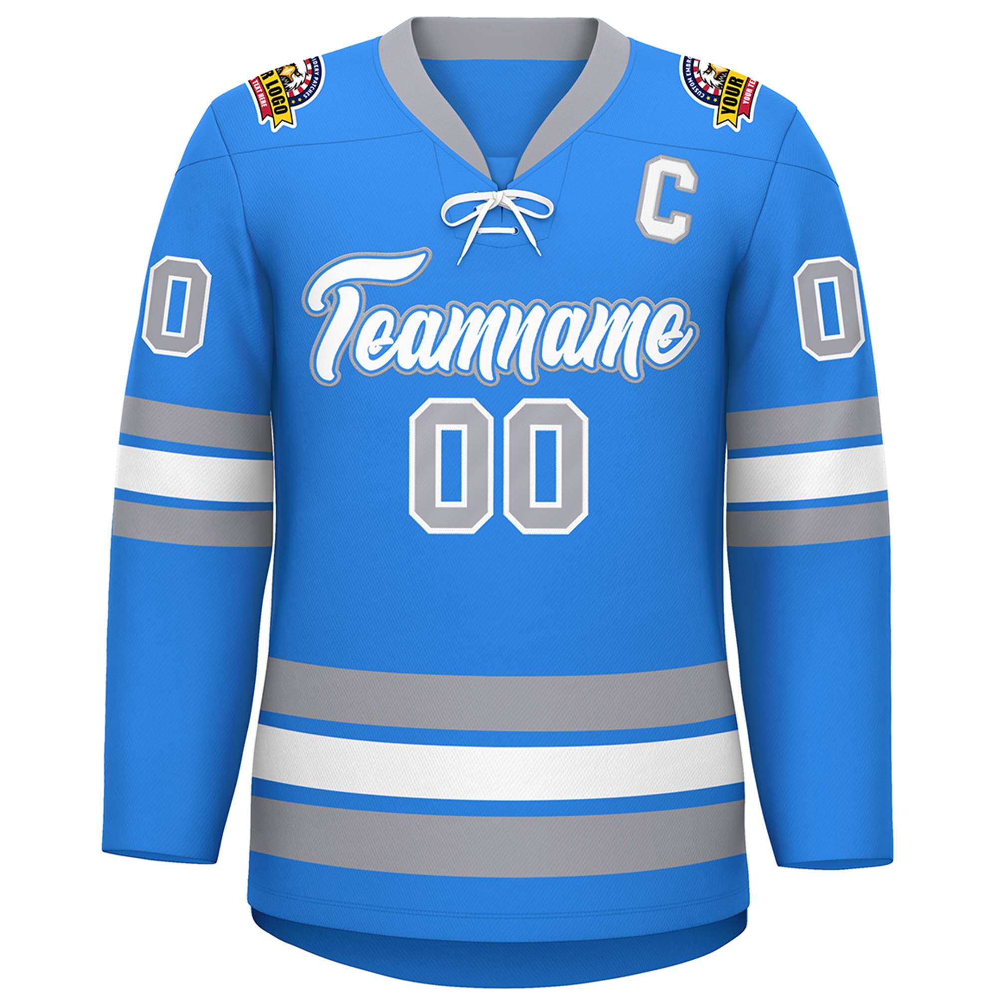 Custom Powder Blue White-Gray Lace-Up Neck Hockey Jersey | KXKSHOP