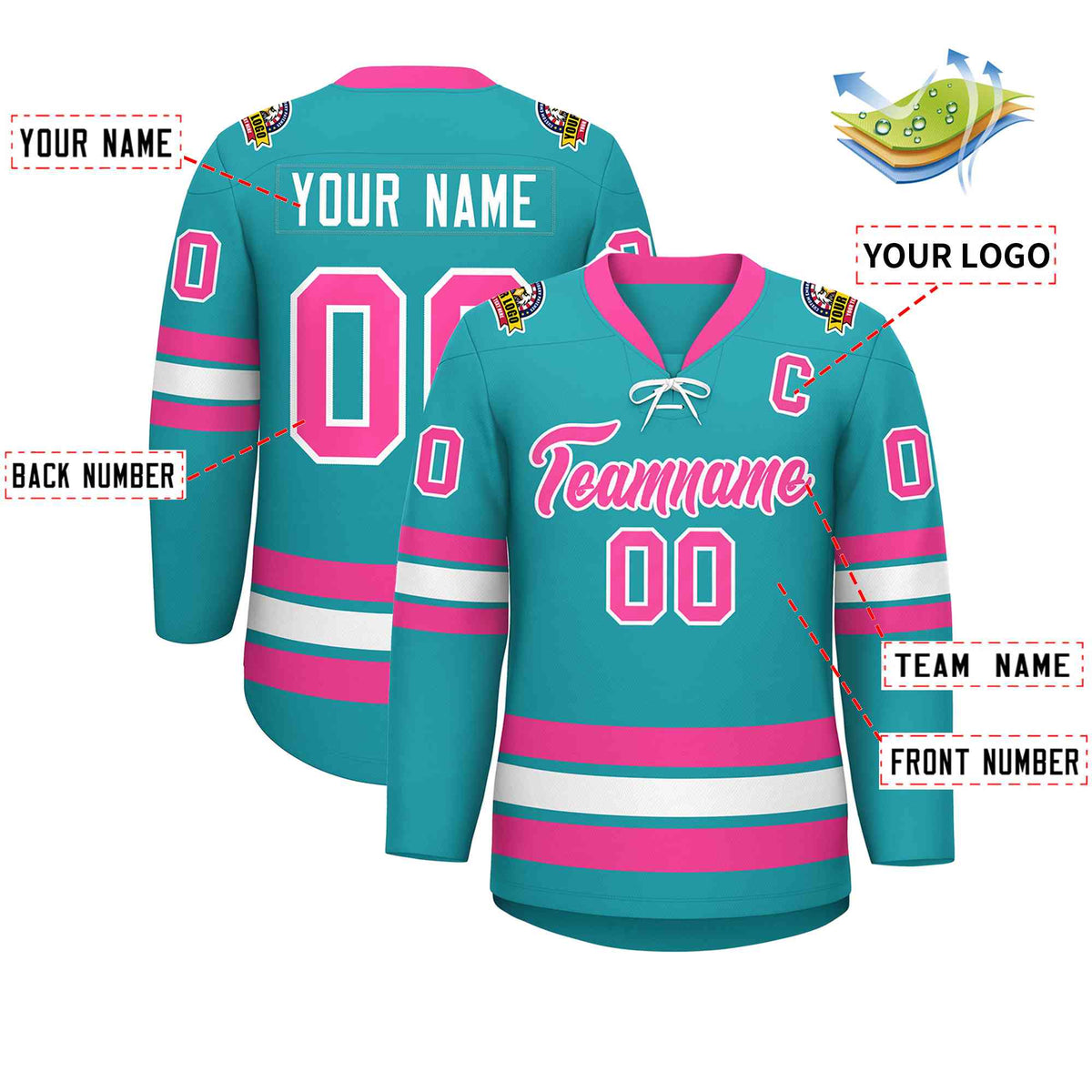 Custom Aqua Pink-White Lace-Up Neck Hockey Jersey | KXKSHOP