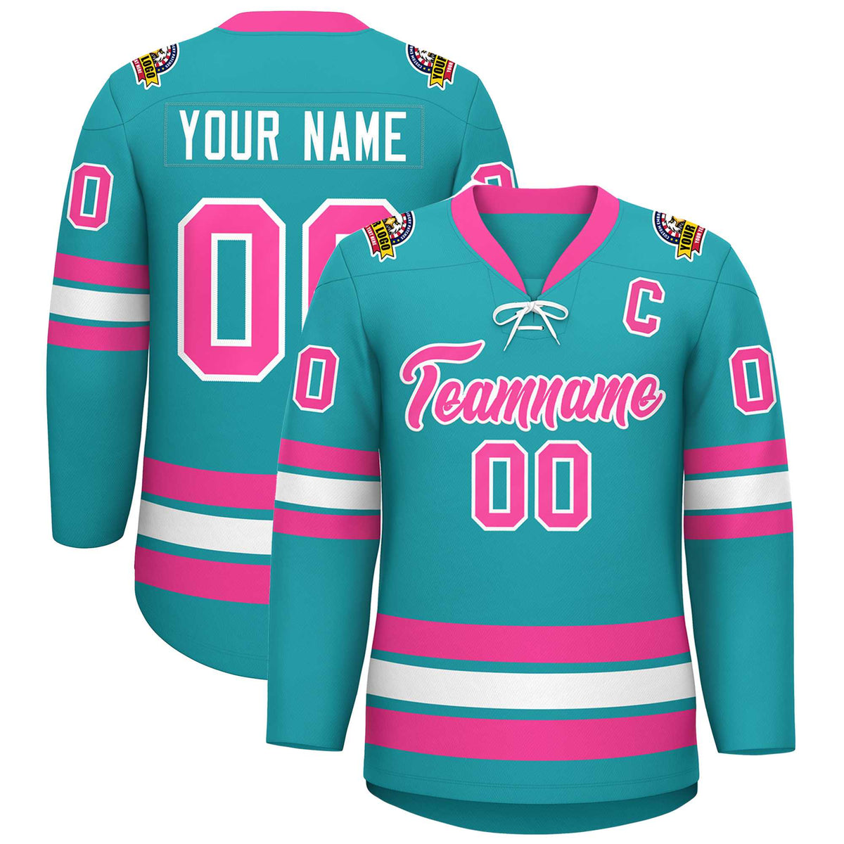 Custom Aqua Pink-White Lace-Up Neck Hockey Jersey | KXKSHOP