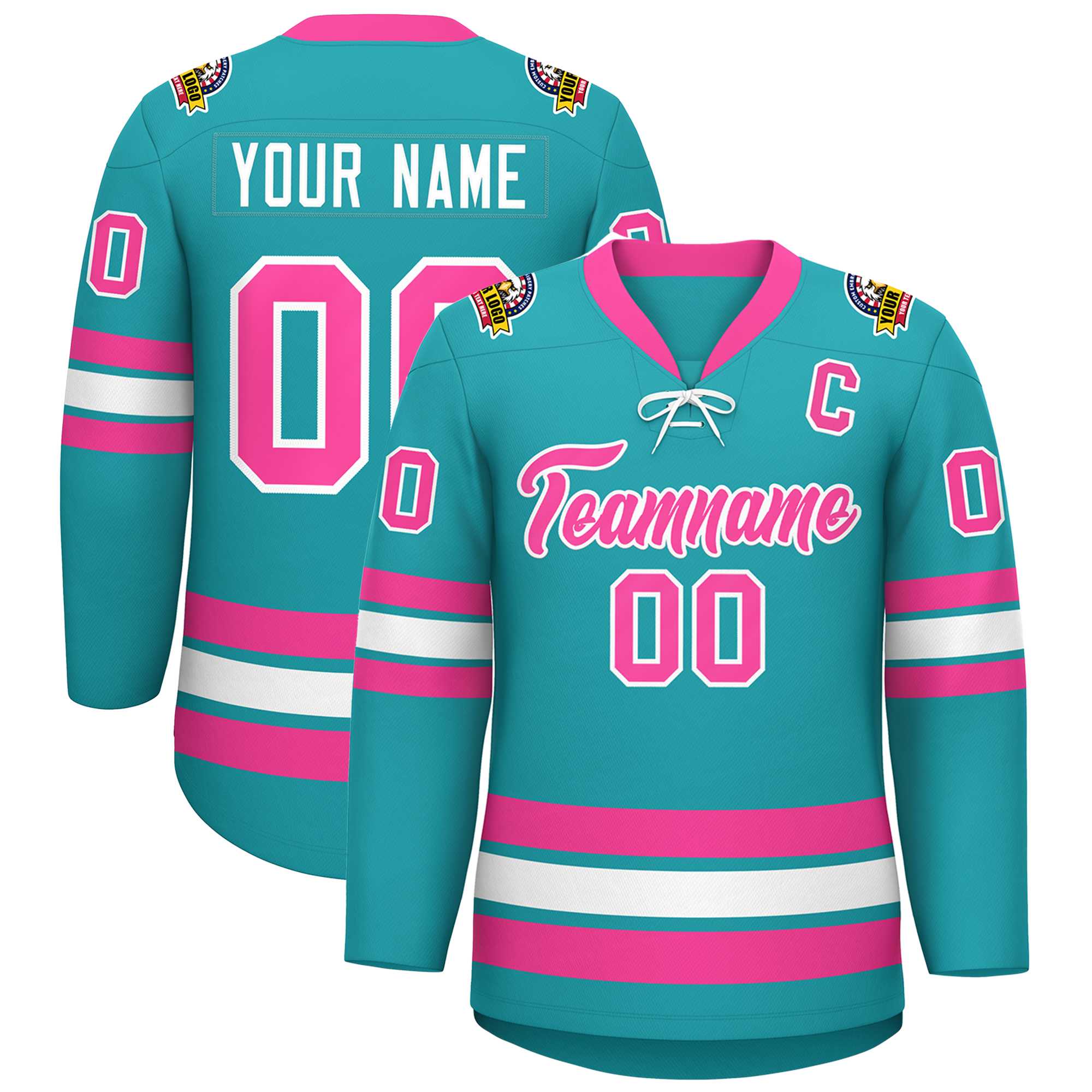 Custom Aqua Pink-White Lace-Up Neck Hockey Jersey | KXKSHOP