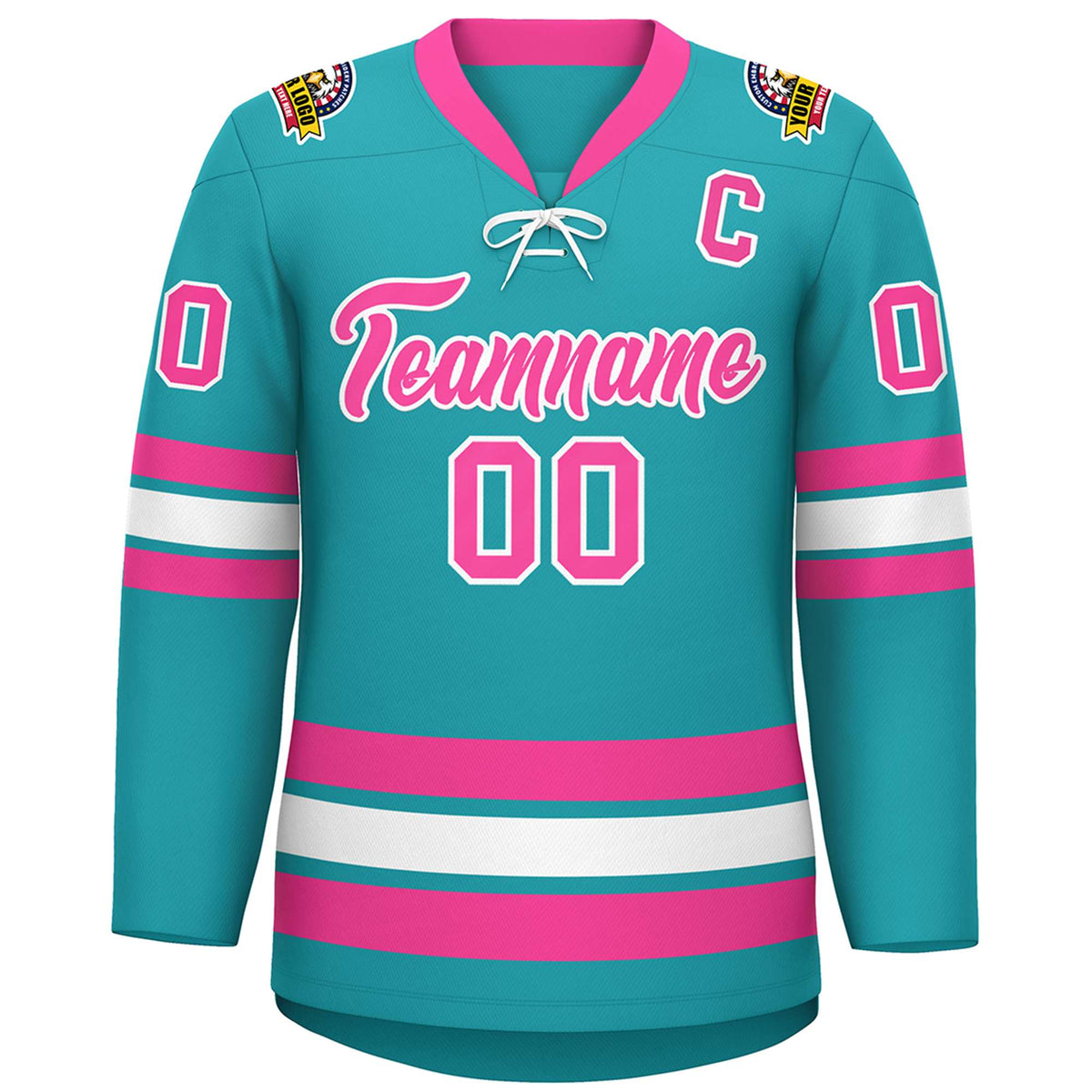 Custom Aqua Pink-White Lace-Up Neck Hockey Jersey | KXKSHOP