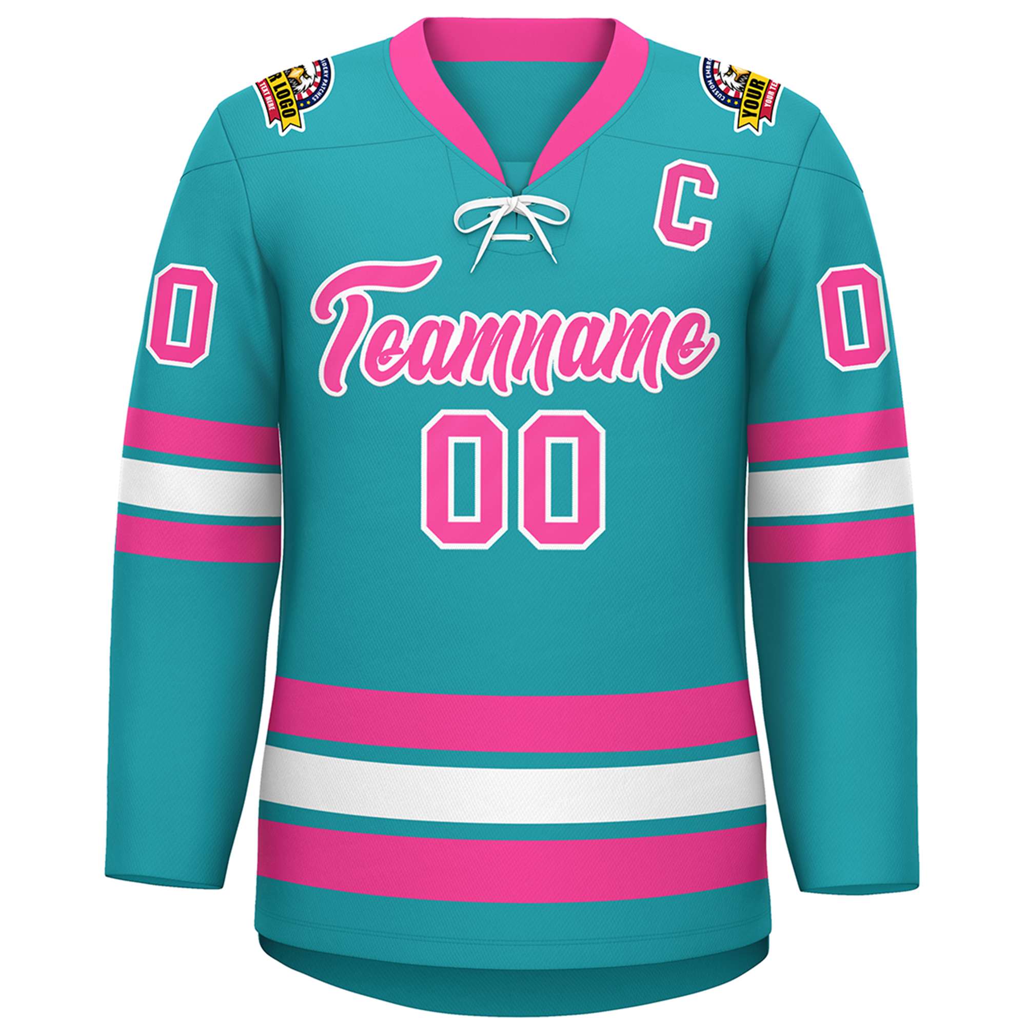 Custom Aqua Pink-White Lace-Up Neck Hockey Jersey | KXKSHOP