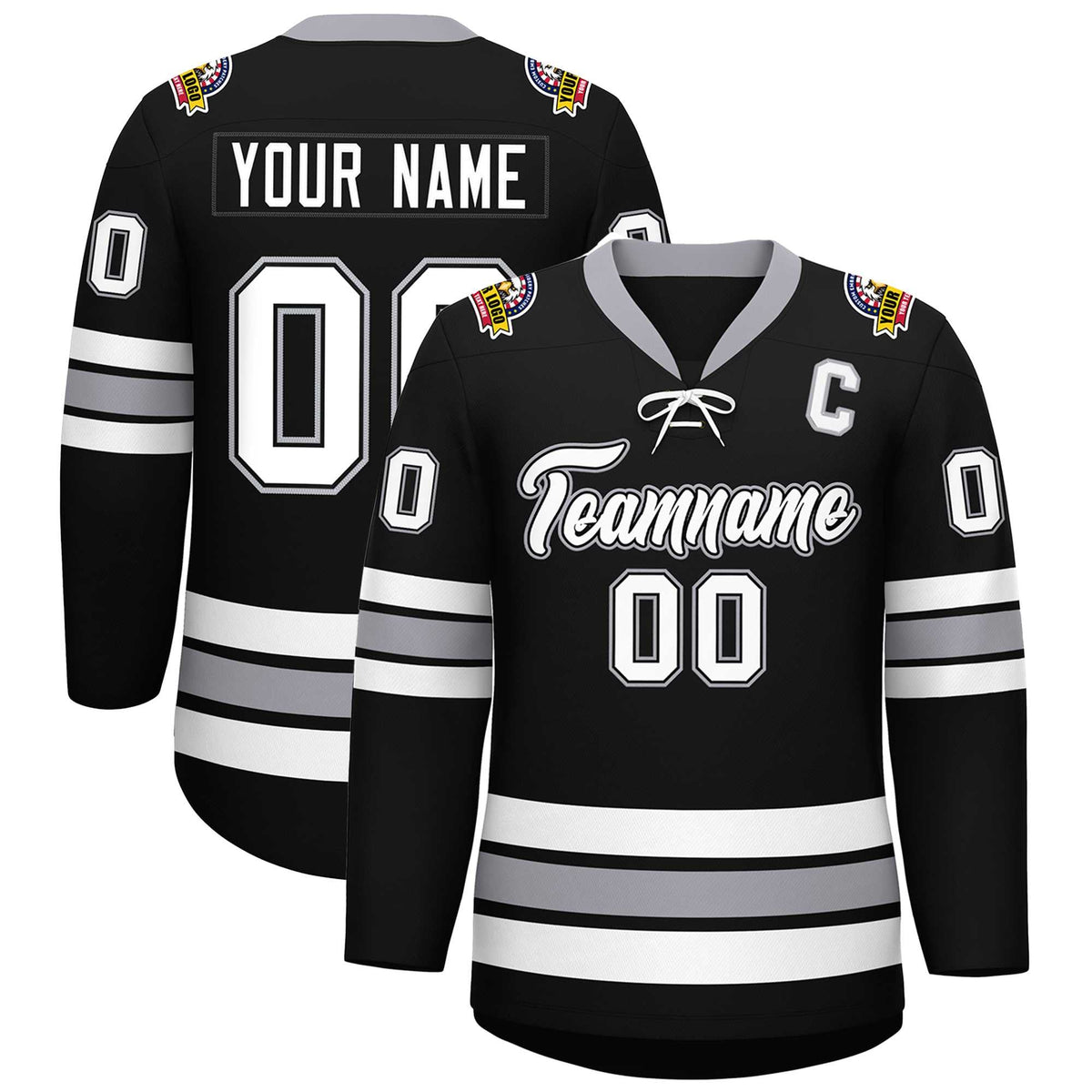 Custom Black White-Gray Lace-Up Neck Hockey Jersey | KXKSHOP