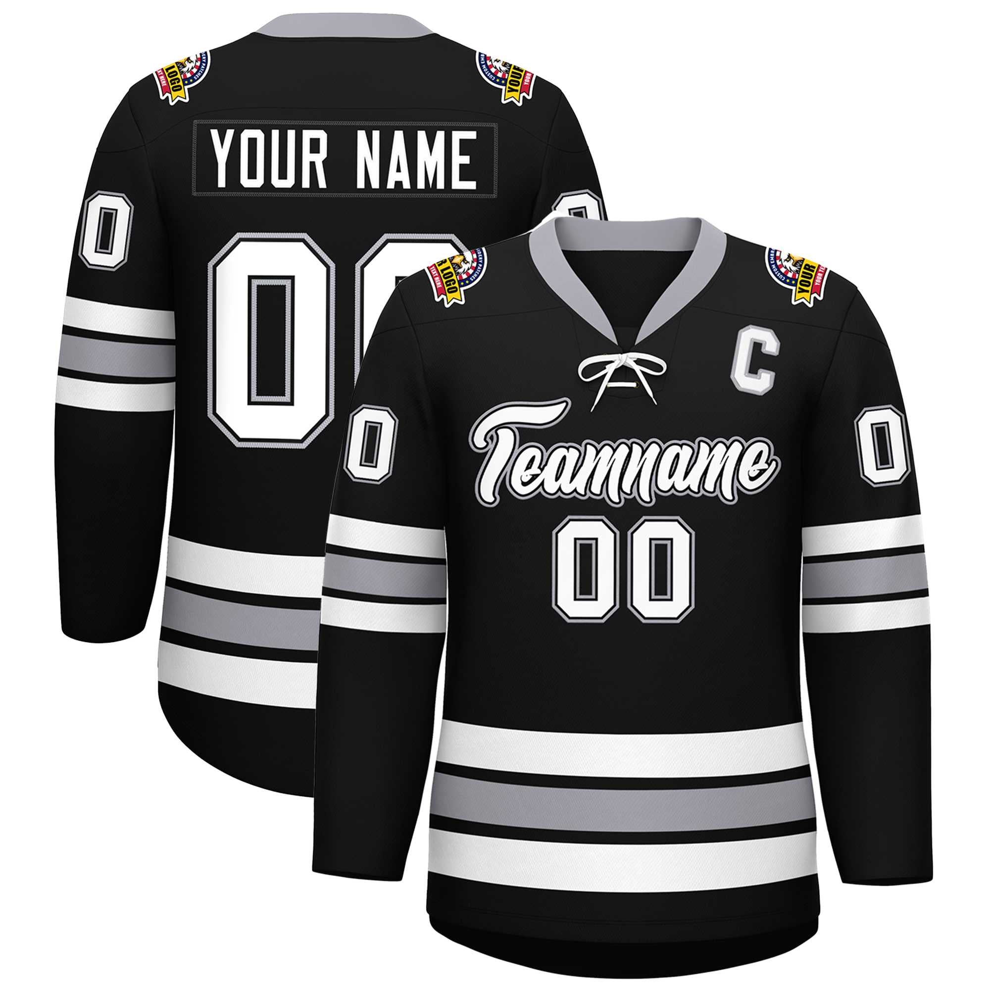 Custom Black White-Gray Lace-Up Neck Hockey Jersey | KXKSHOP