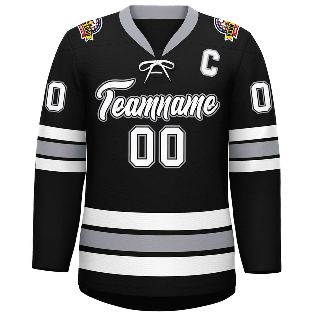 Custom Black White-Gray Lace-Up Neck Hockey Jersey | KXKSHOP