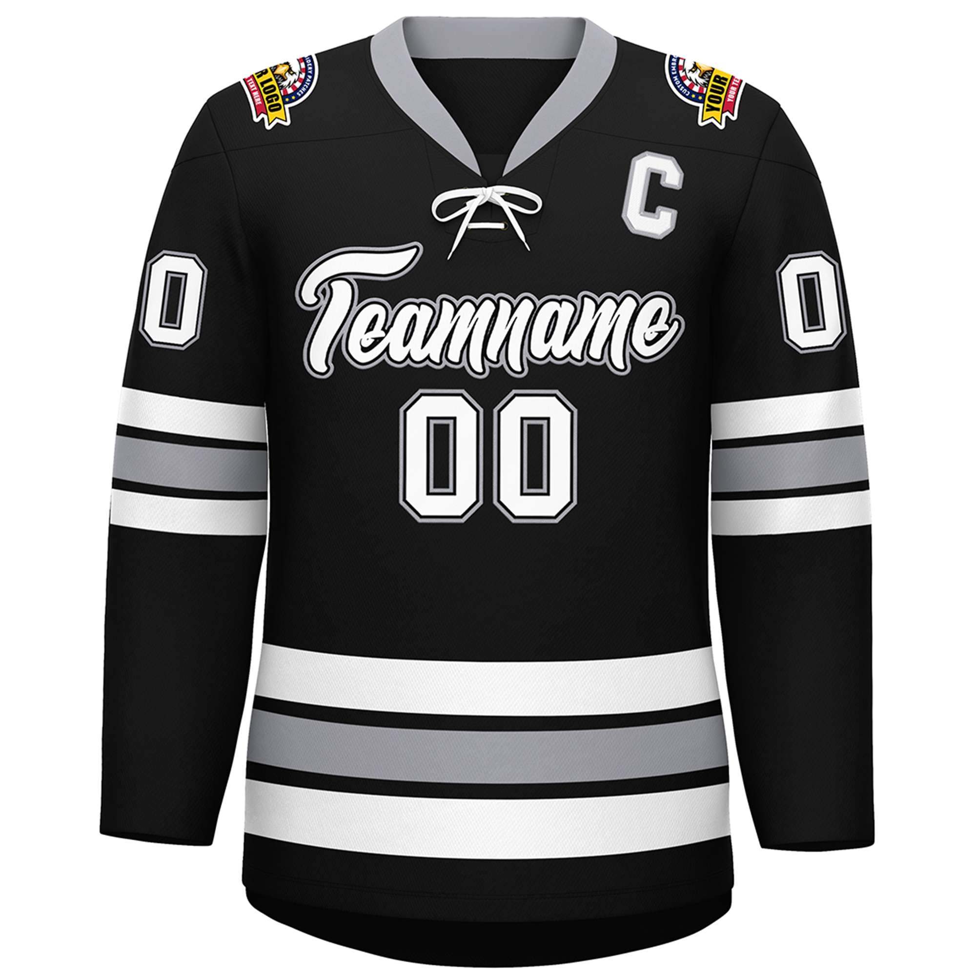 Custom Black White-Gray Lace-Up Neck Hockey Jersey | KXKSHOP